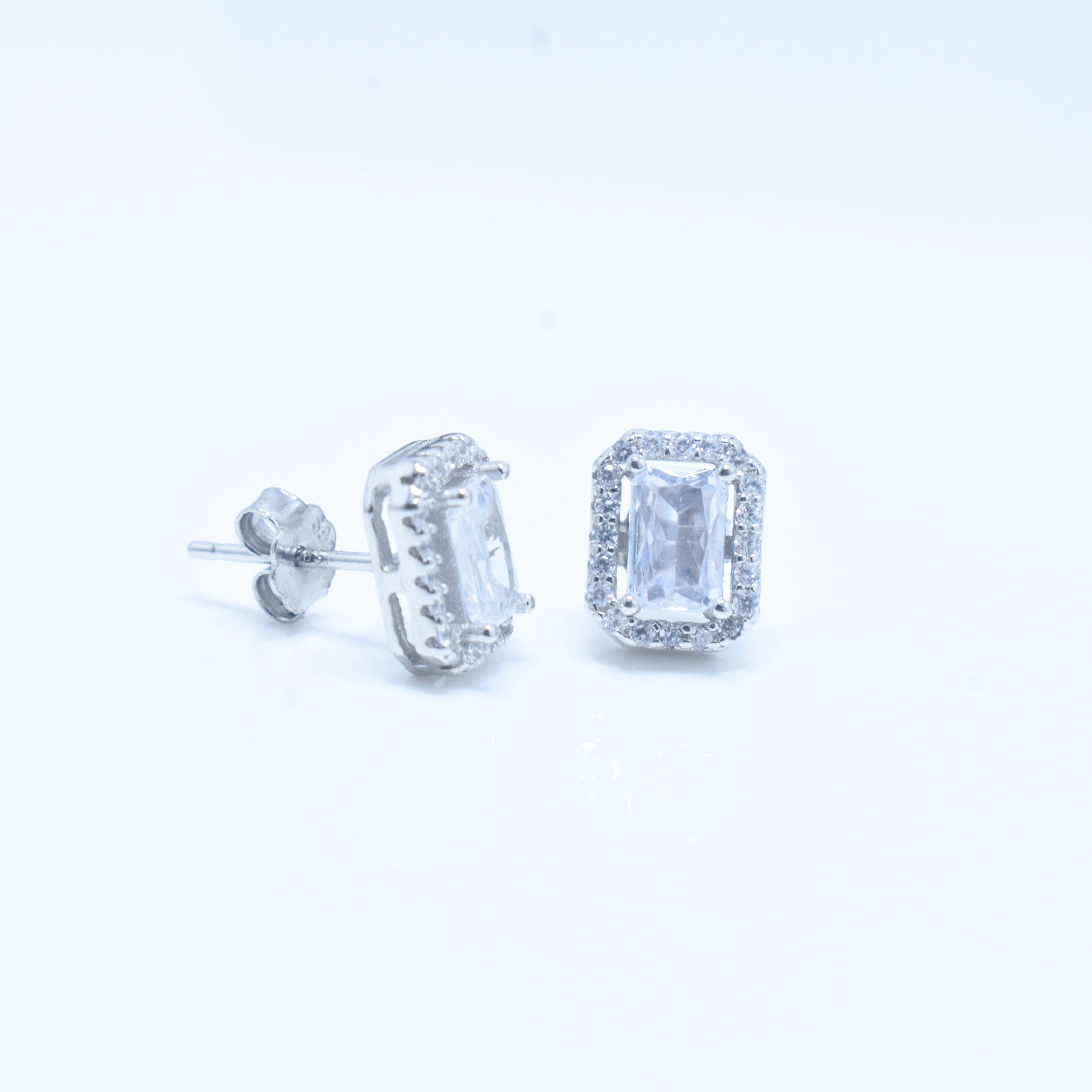 Rectangle Halo Silver Earrings