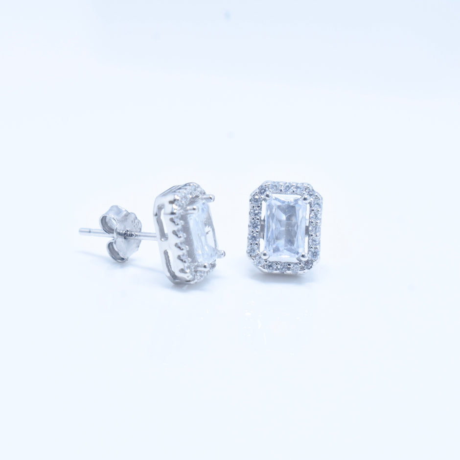 Rectangle Halo Silver Earrings