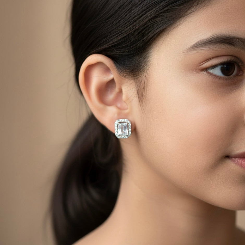 Rectangle Halo Silver Earrings