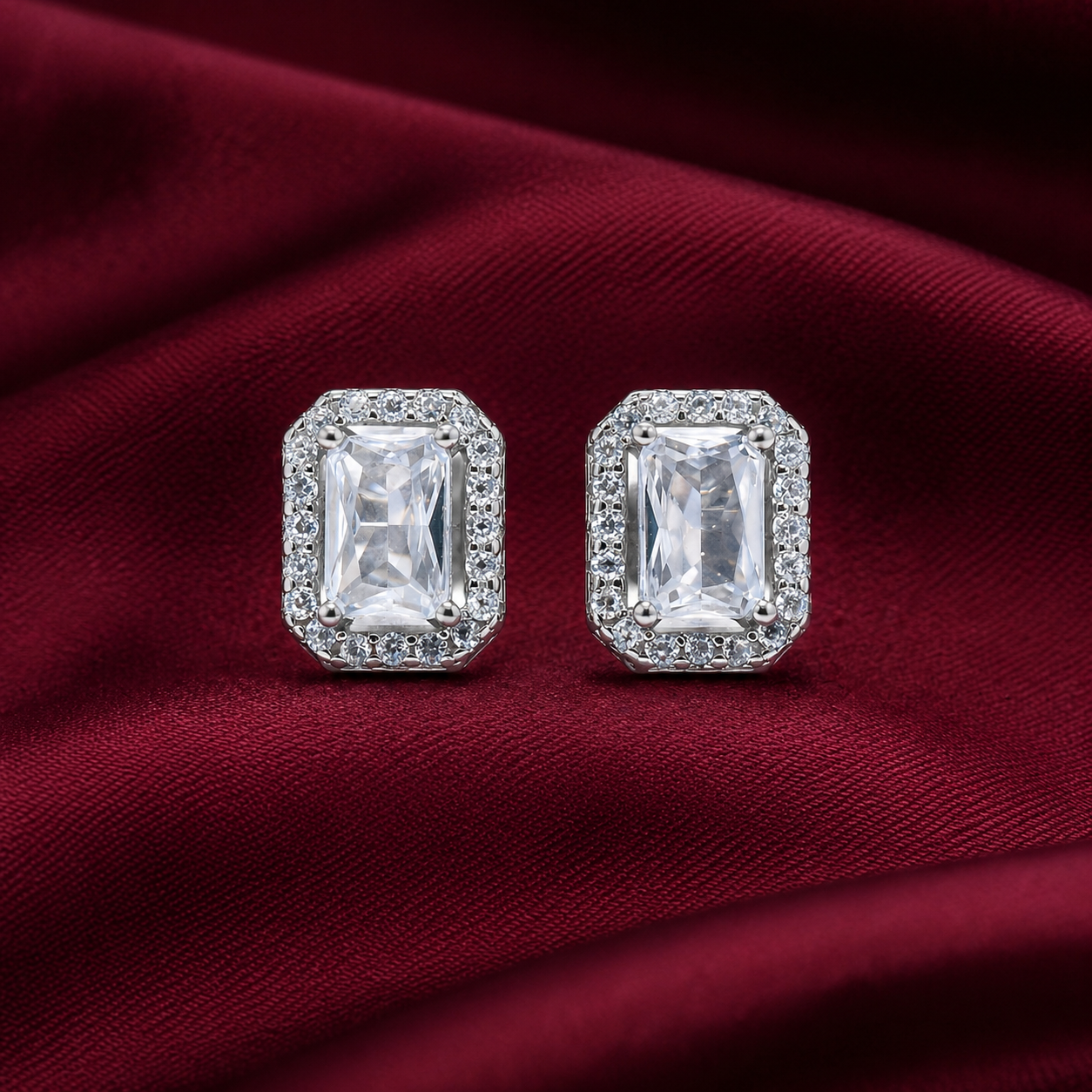 Emerald Cut Solitaire Halo Studs