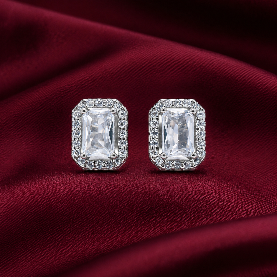 Emerald Cut Solitaire Halo Studs