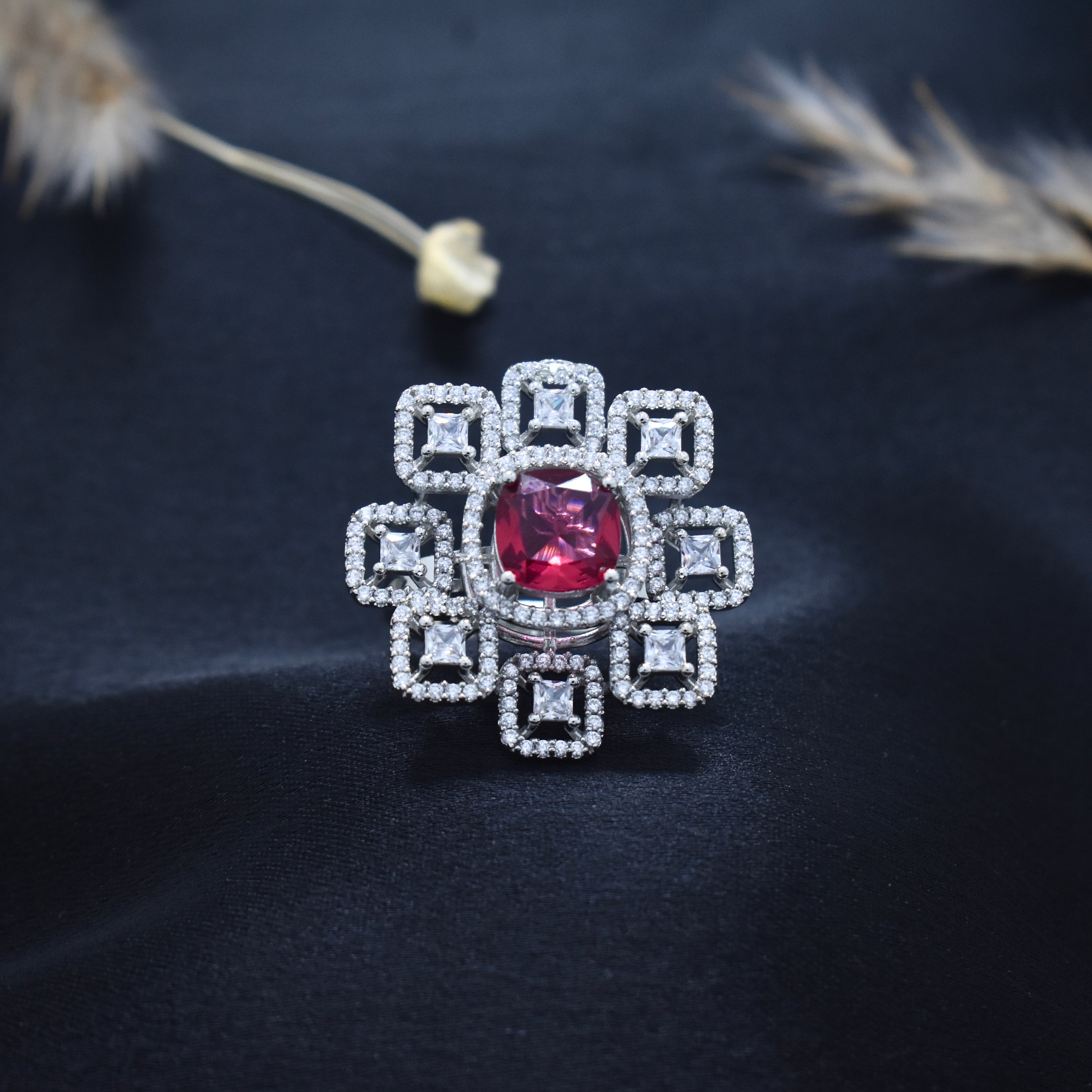 Adjustable Ruby Pink Stone Geometric Cocktail Ring