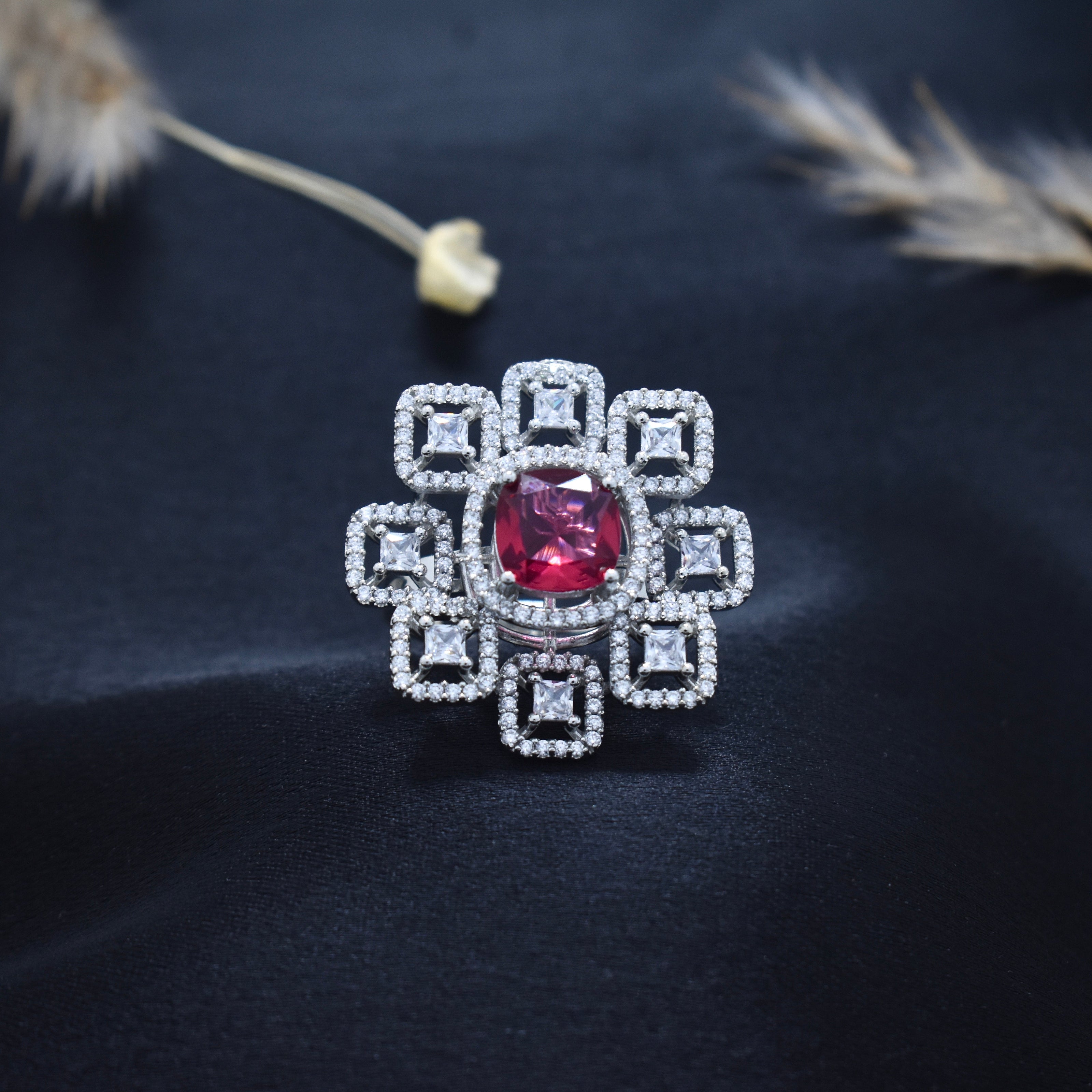 Crimson Gem Square Silver Cocktail Ring