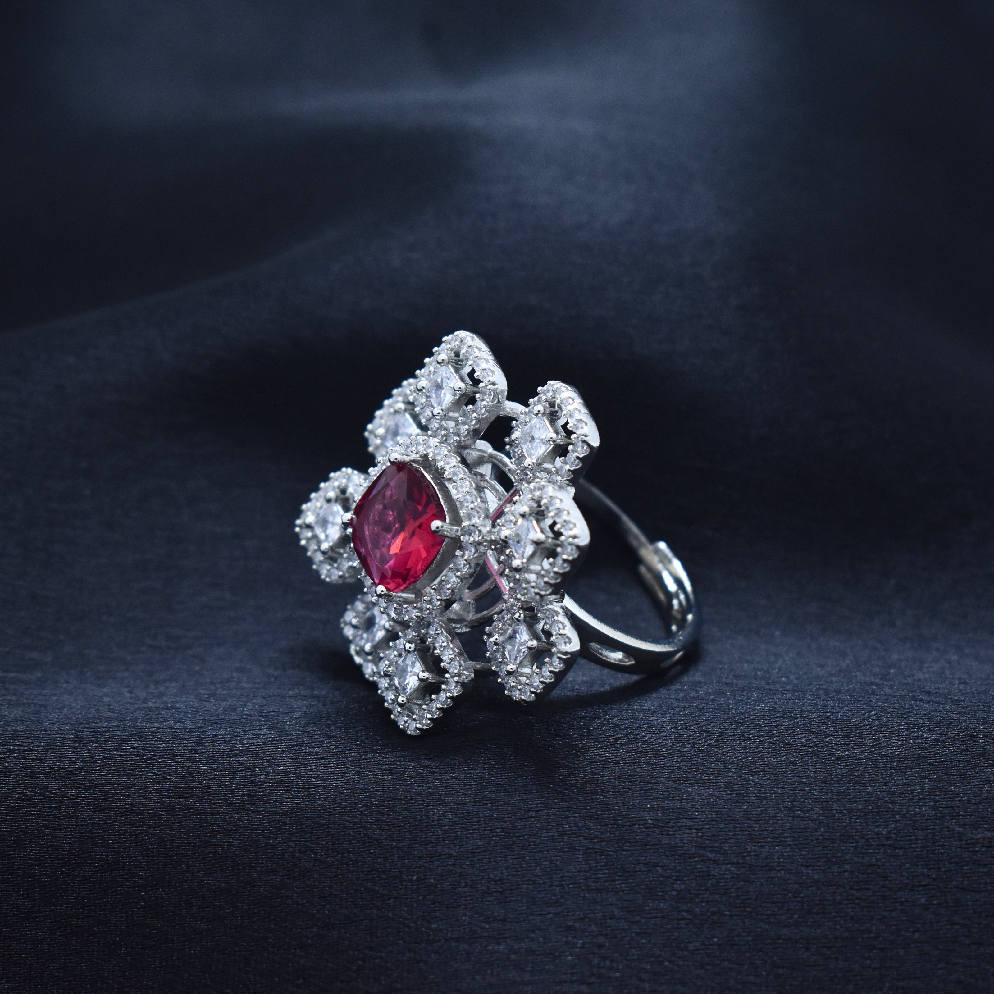Adjustable Ruby Pink Stone Geometric Cocktail Ring