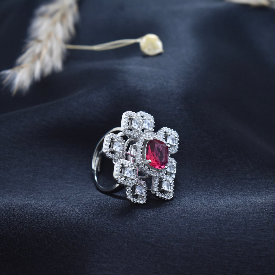 Crimson Gem Square Silver Cocktail Ring