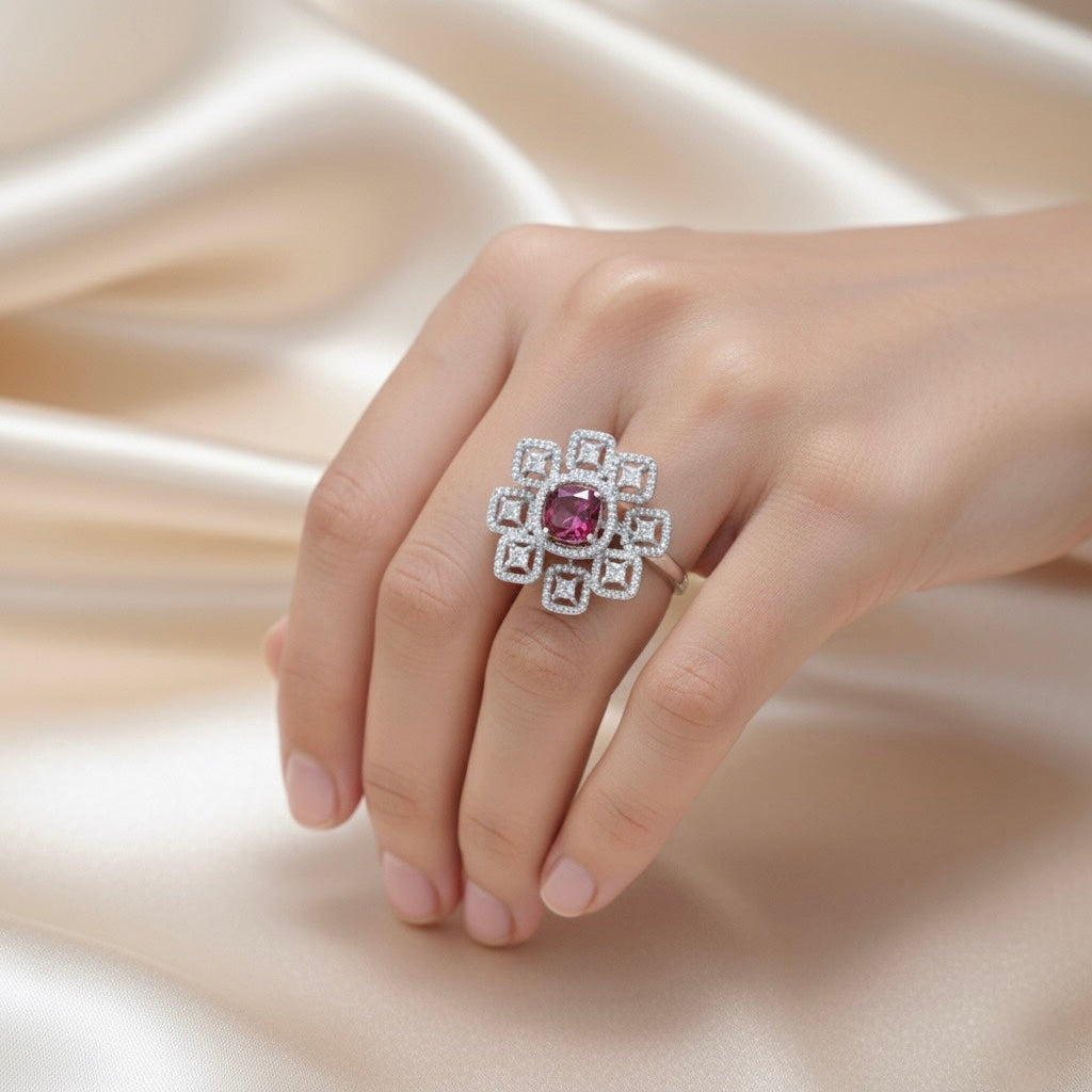 Crimson Gem Square Silver Cocktail Ring