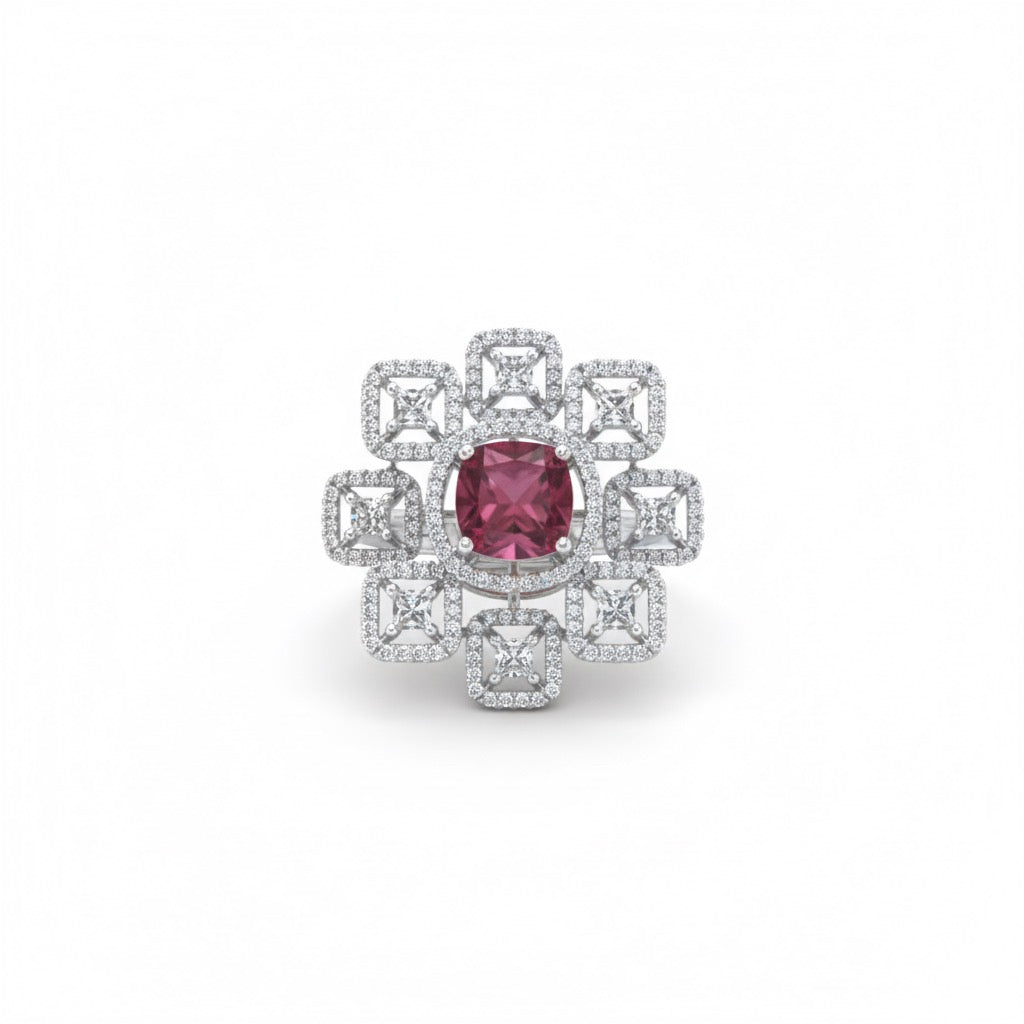 Adjustable Ruby Pink Stone Geometric Cocktail Ring
