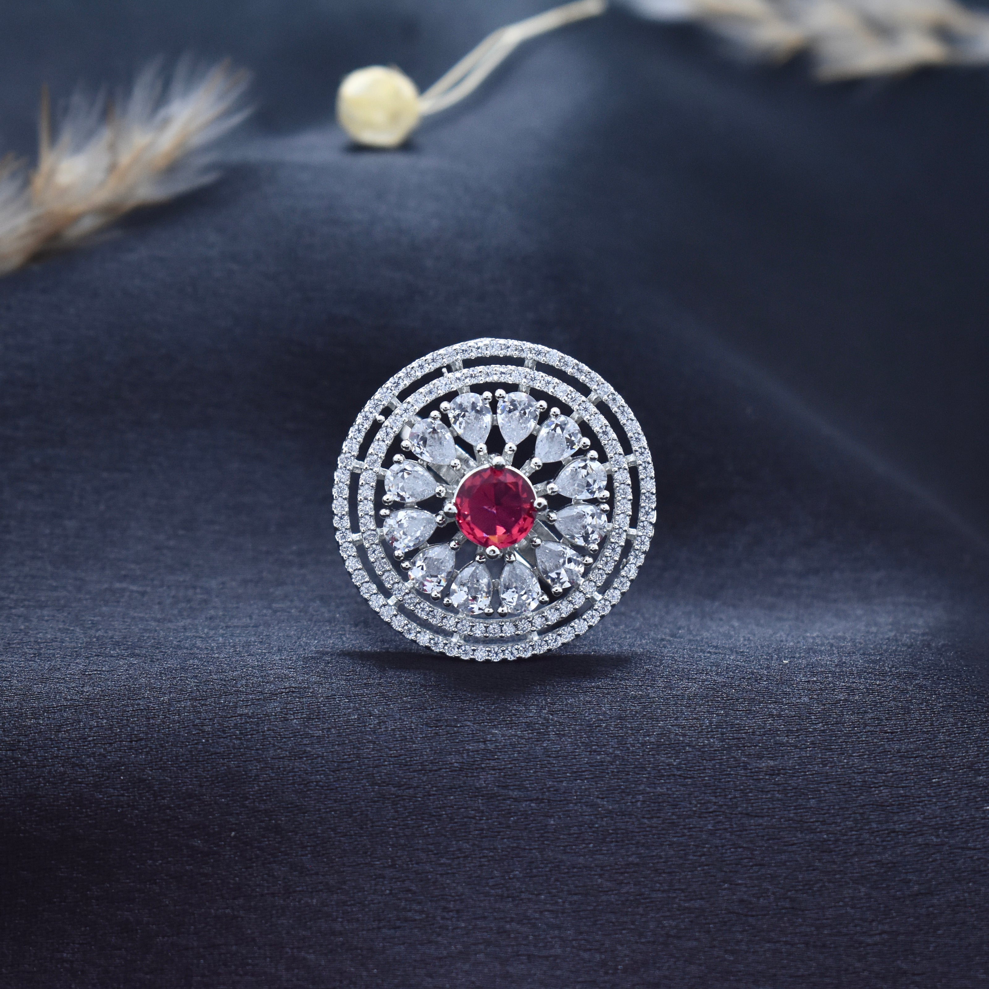 Adjustable Ruby Red Stone Round Cocktail Ring