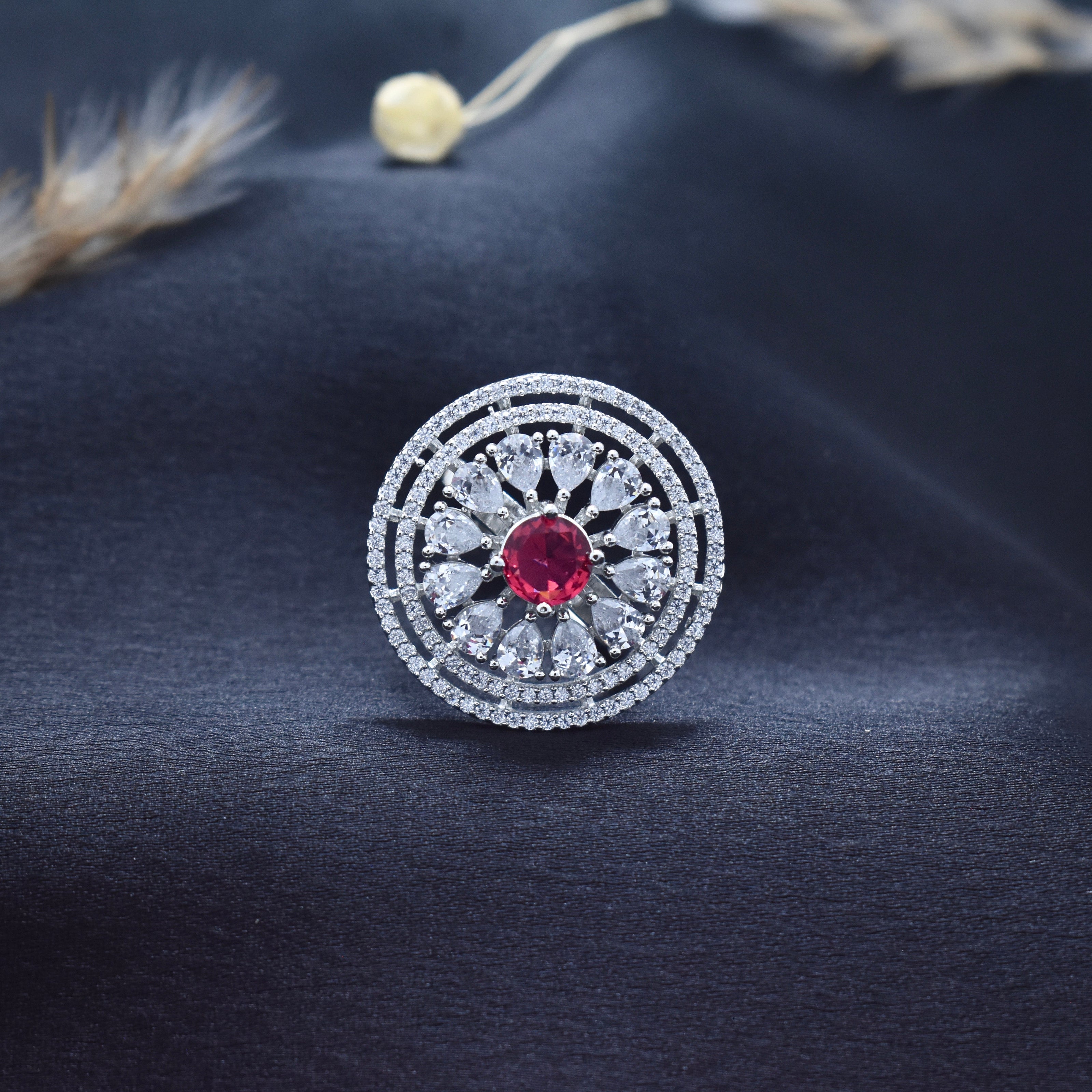 Ruby Halo Cocktail Silver Ring