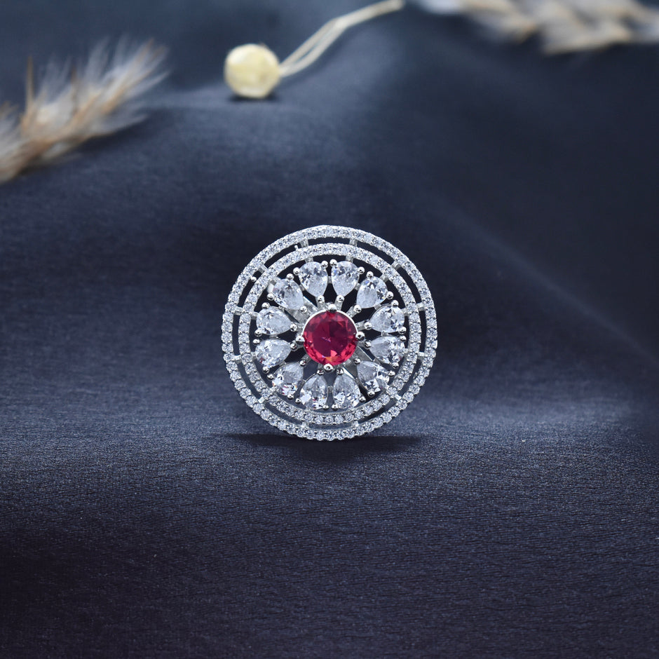 Ruby Halo Cocktail Silver Ring