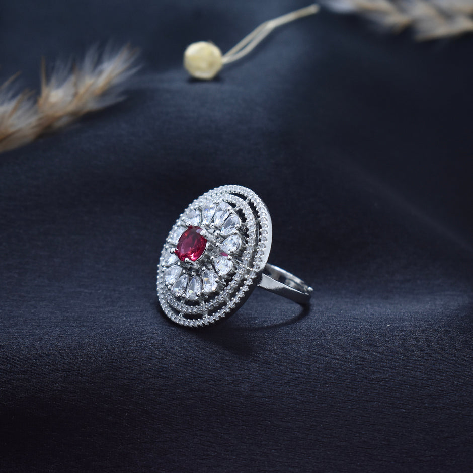 Ruby Halo Cocktail Silver Ring