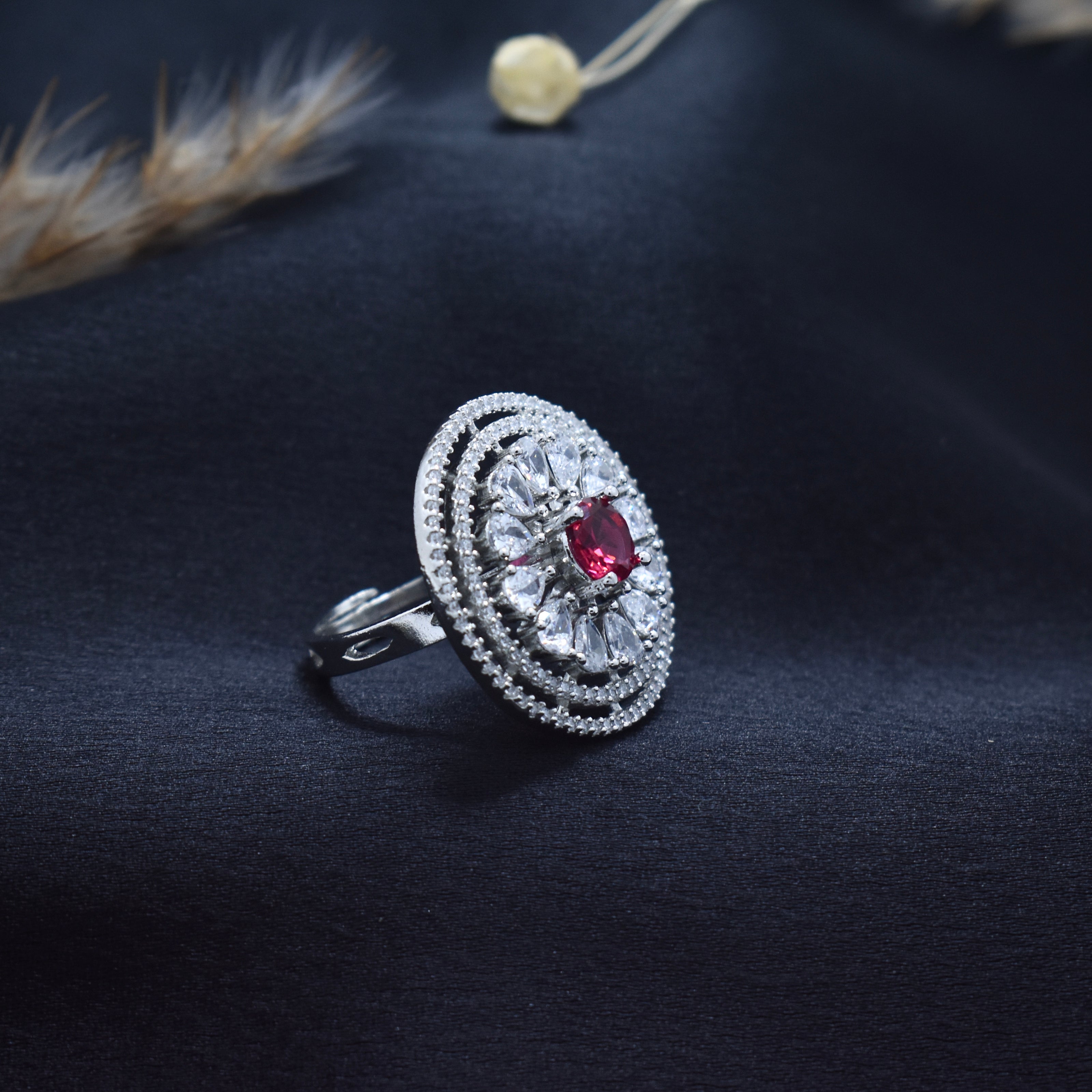 Adjustable Ruby Red Stone Round Cocktail Ring