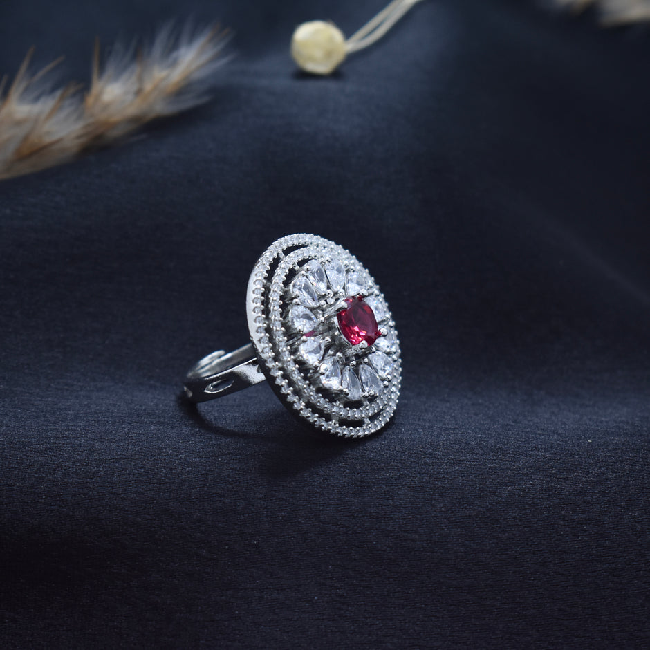Adjustable Ruby Red Stone Round Cocktail Ring