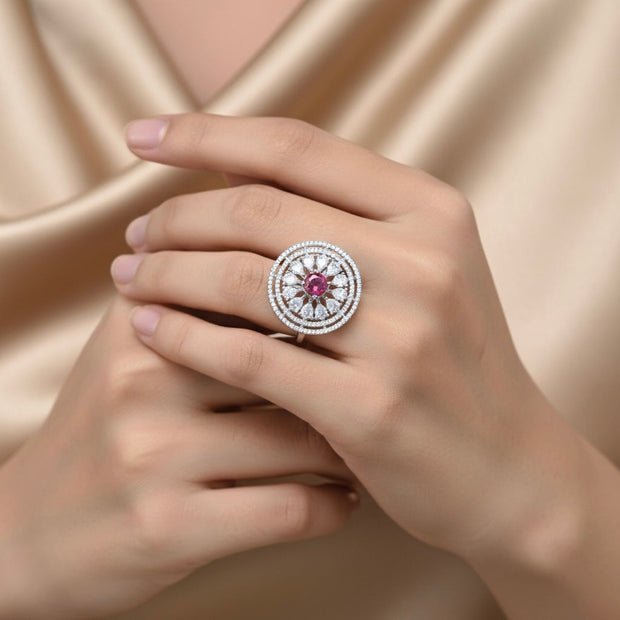 Ruby Halo Cocktail Silver Ring