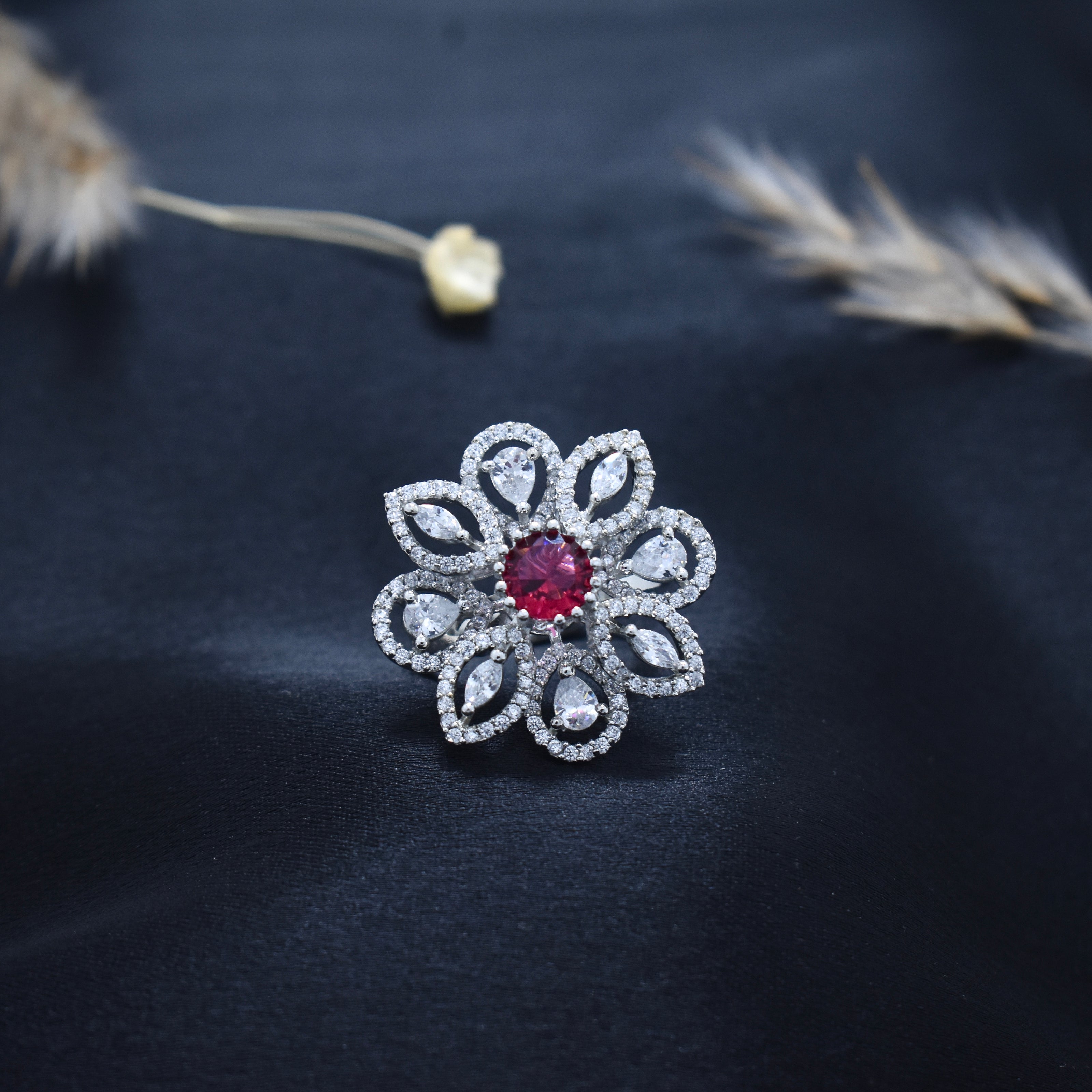 Adjustable Ruby Red Floral Cocktail Ring