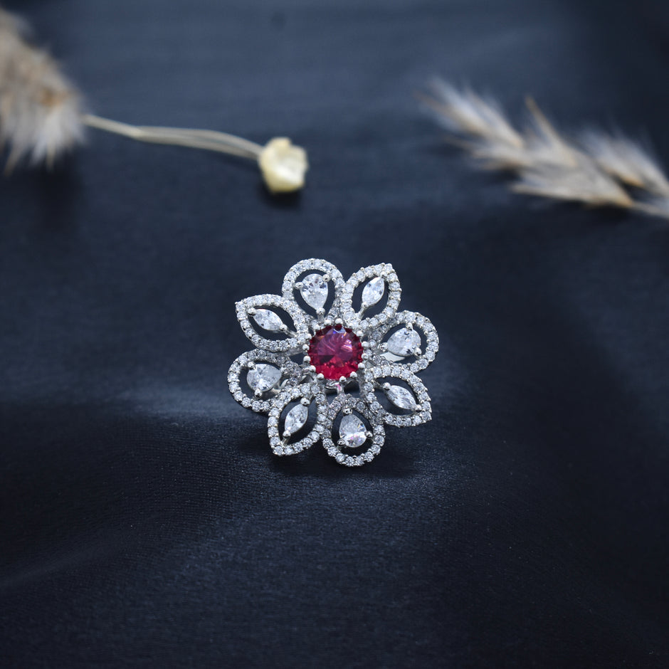 Adjustable Ruby Red Floral Cocktail Ring