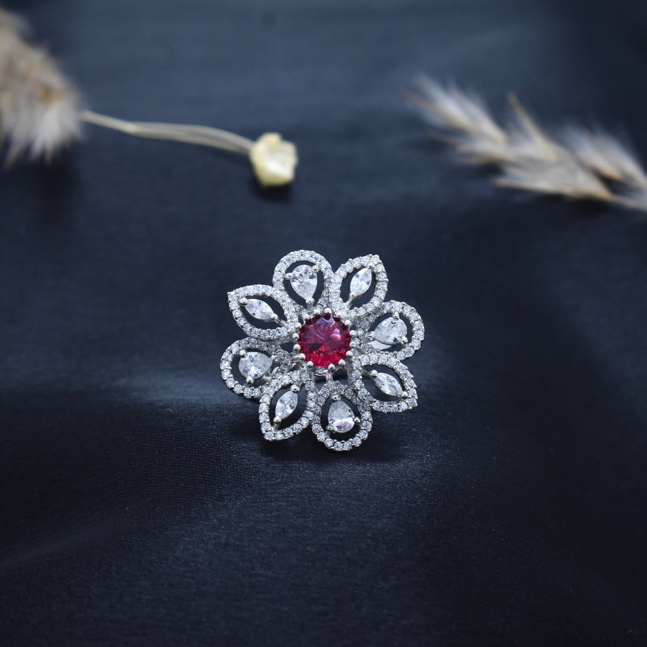 Ruby bloom Statement Cocktail Silver Ring
