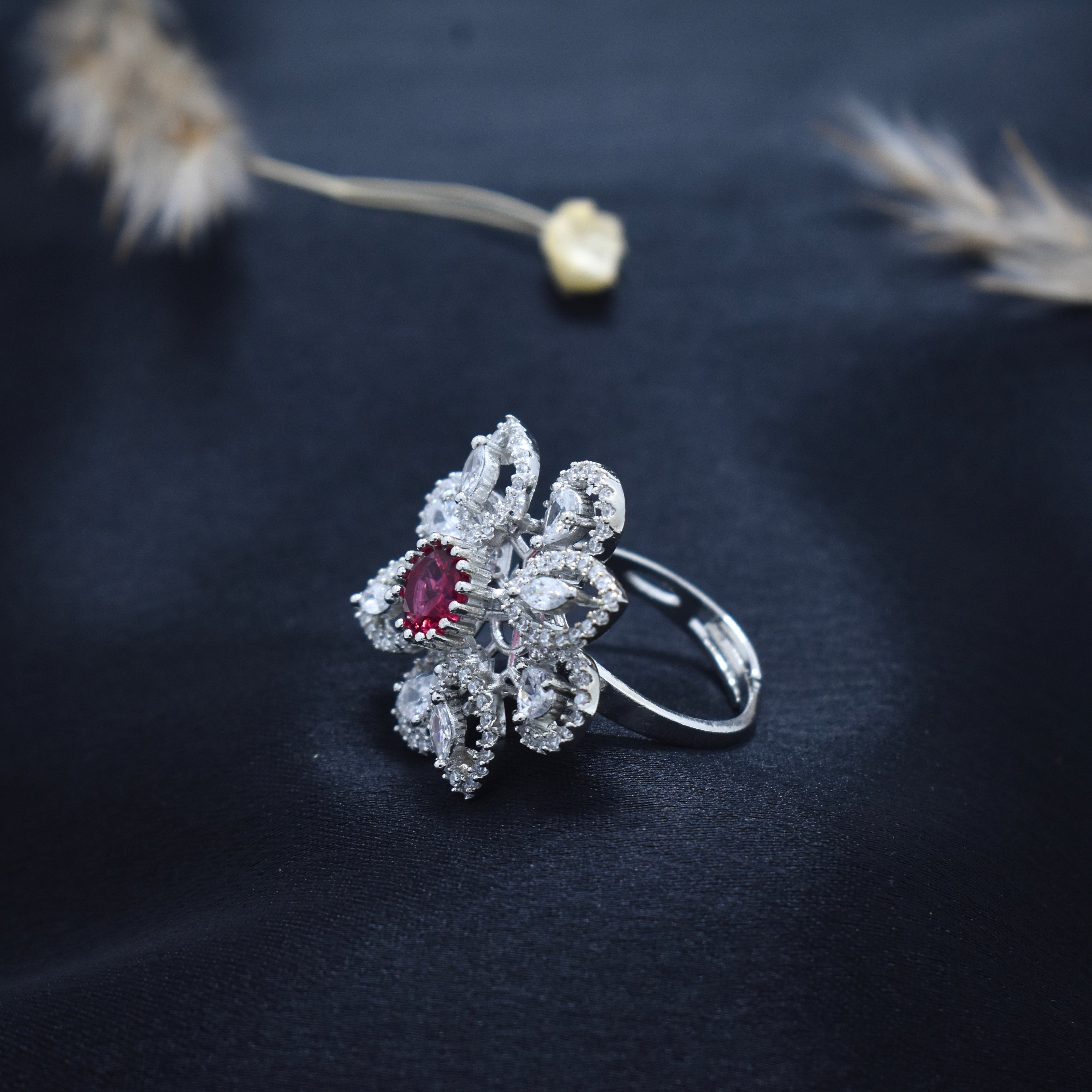 Ruby bloom Statement Cocktail Silver Ring