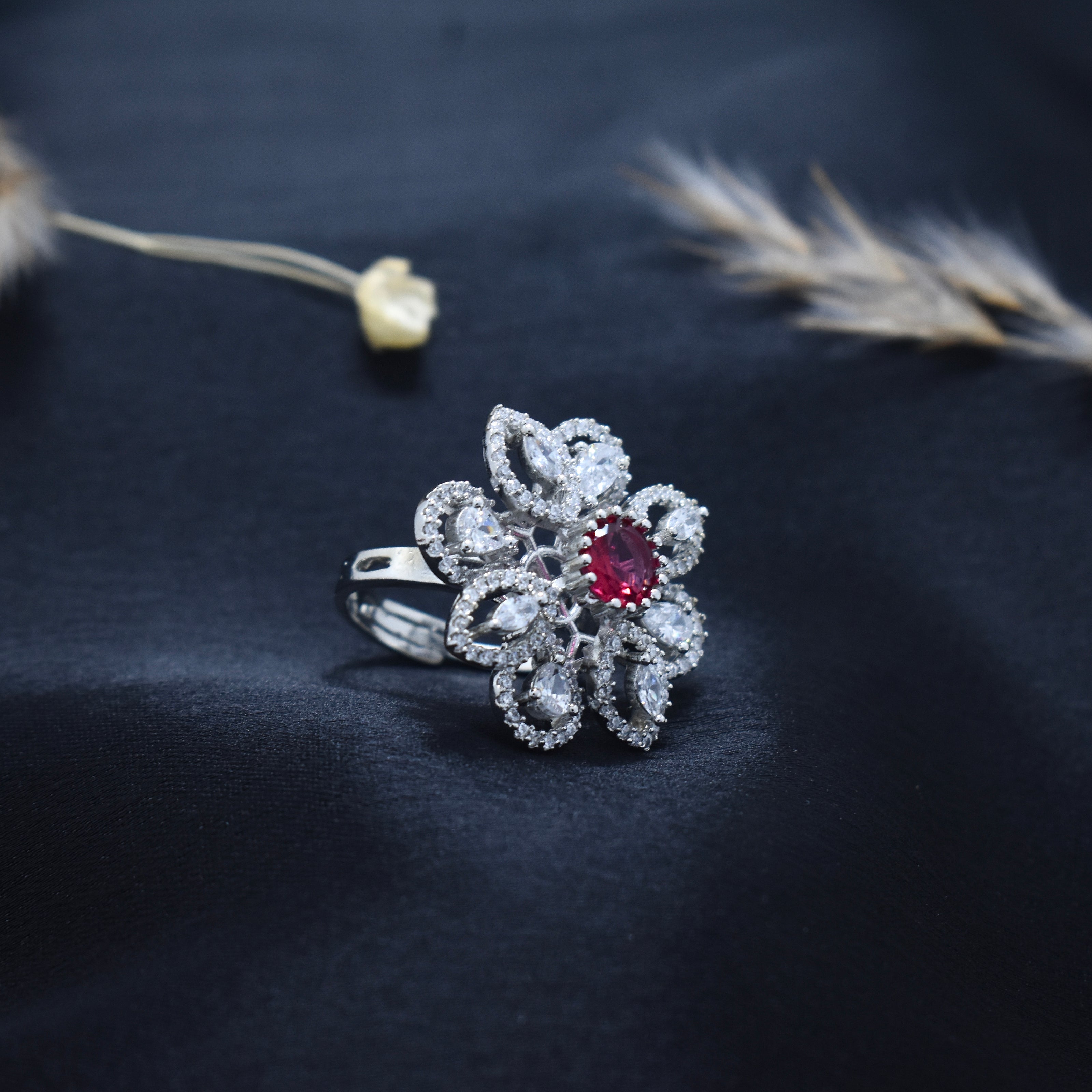 Adjustable Ruby Red Floral Cocktail Ring