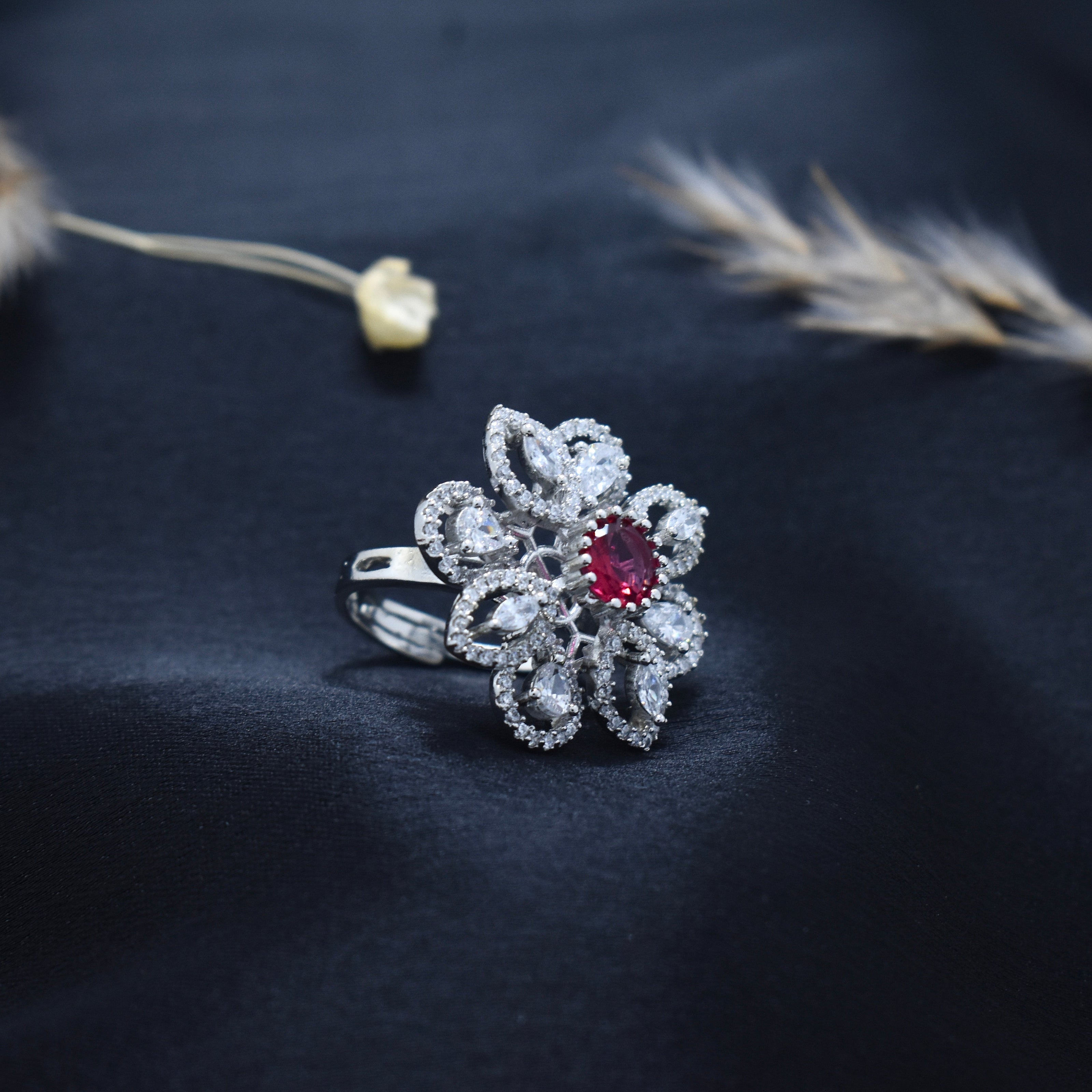 Ruby bloom Statement Cocktail Silver Ring