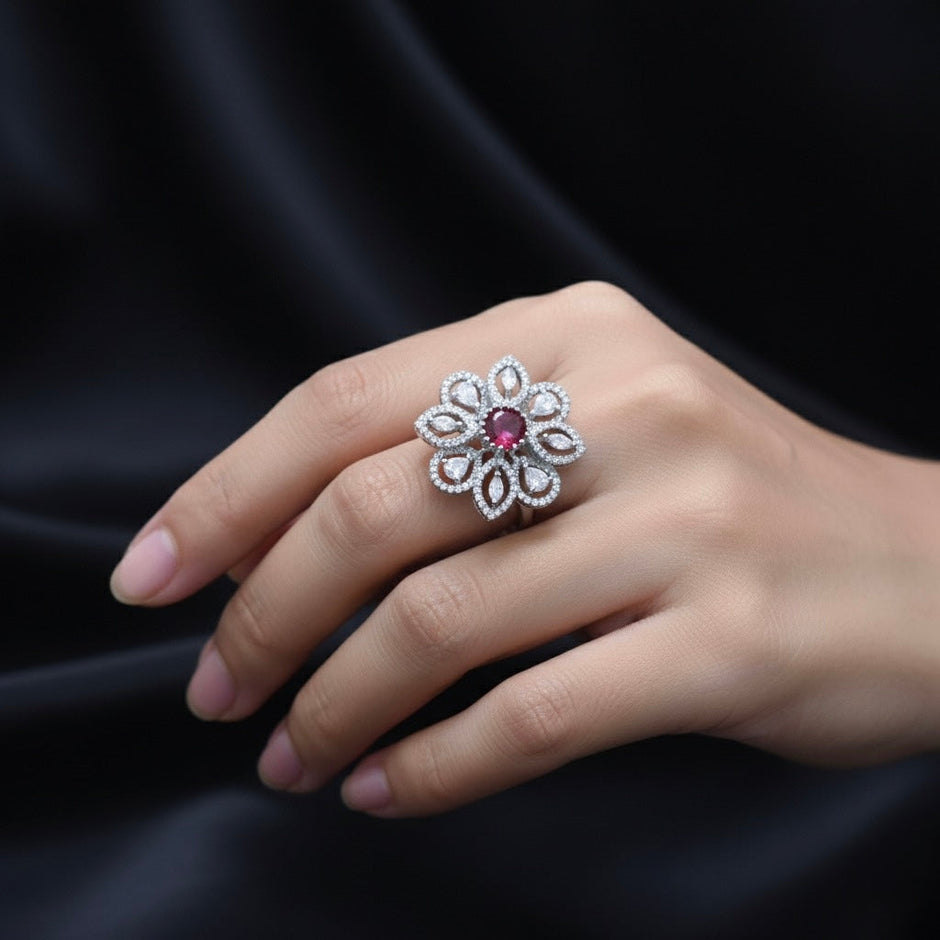 Ruby bloom Statement Cocktail Silver Ring