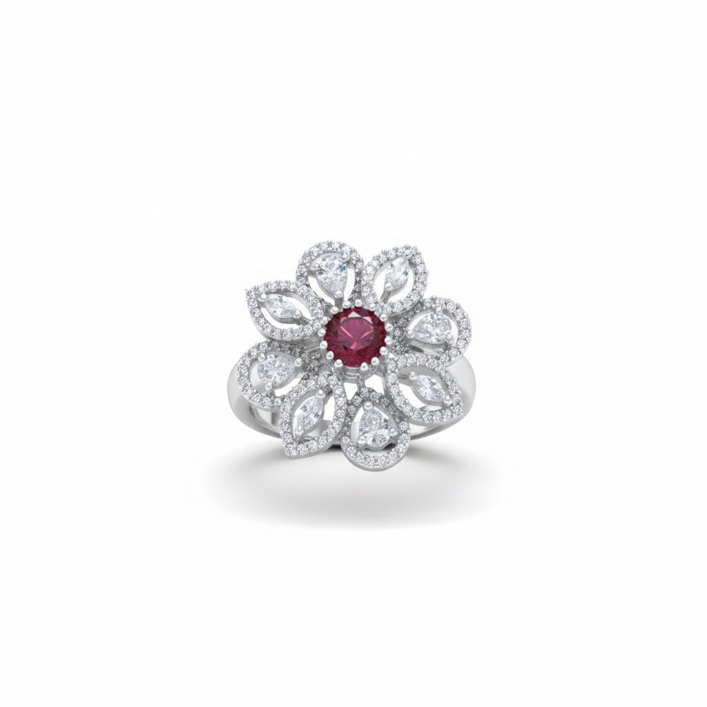 Adjustable Ruby Red Floral Cocktail Ring