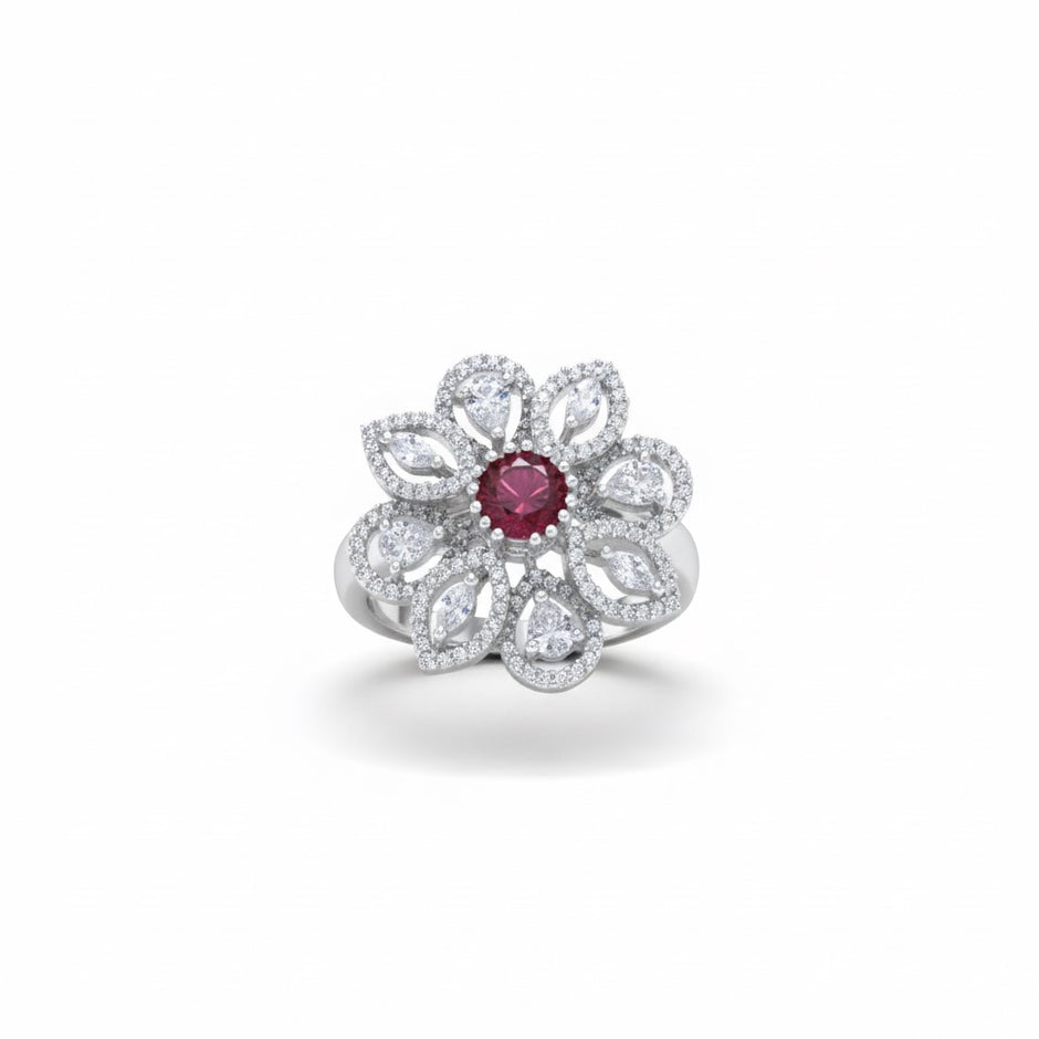 Adjustable Ruby Red Floral Cocktail Ring