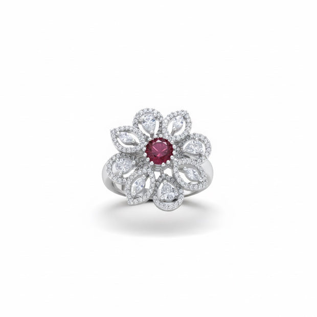 Adjustable Ruby Red Floral Cocktail Ring