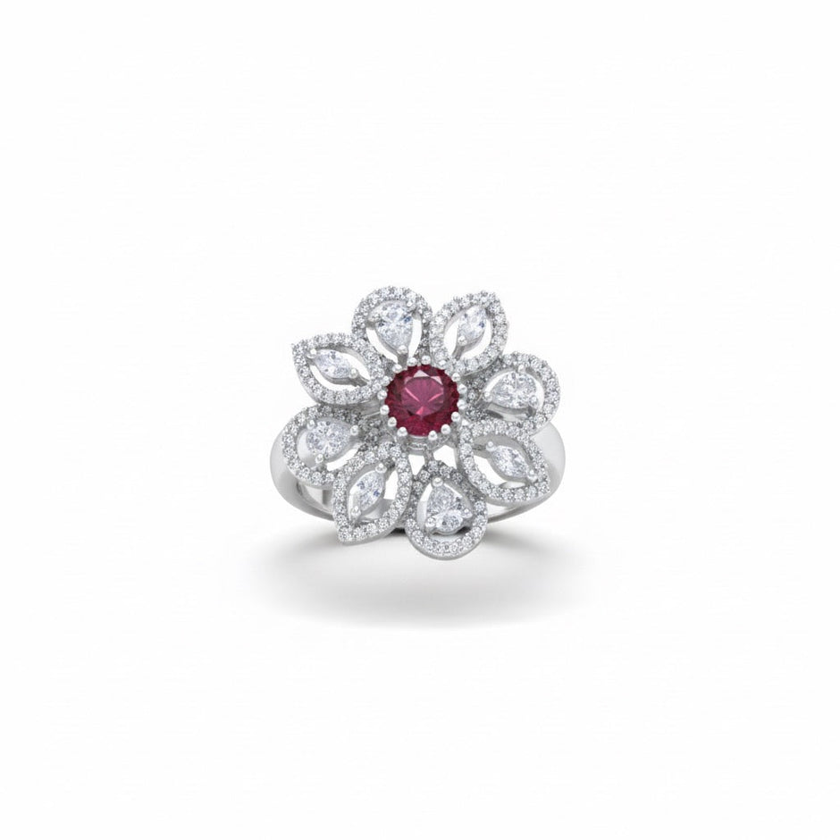 Ruby bloom Statement Cocktail Silver Ring