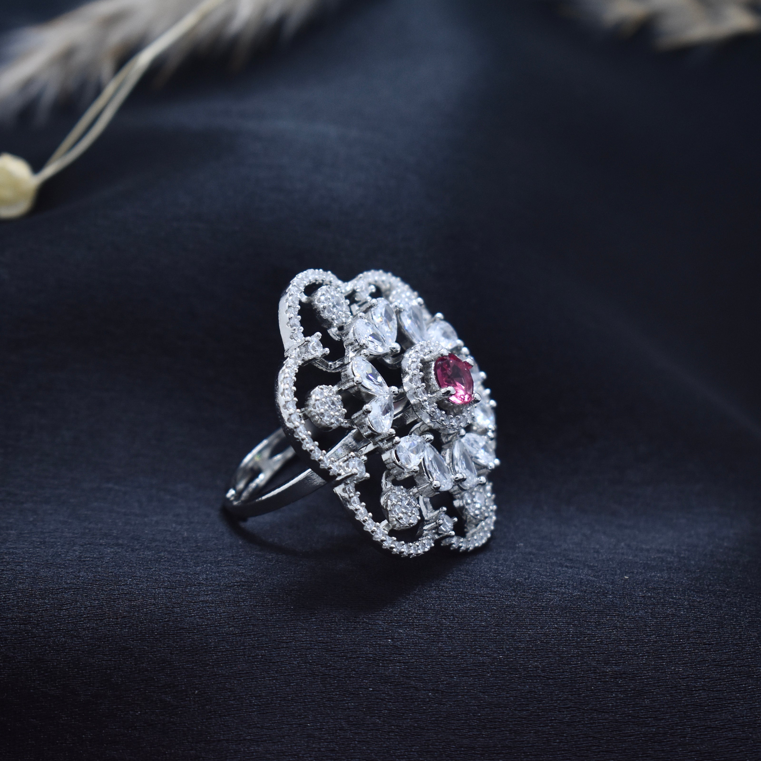Adjustable Pink Stone Floral Filigree Cocktail Ring