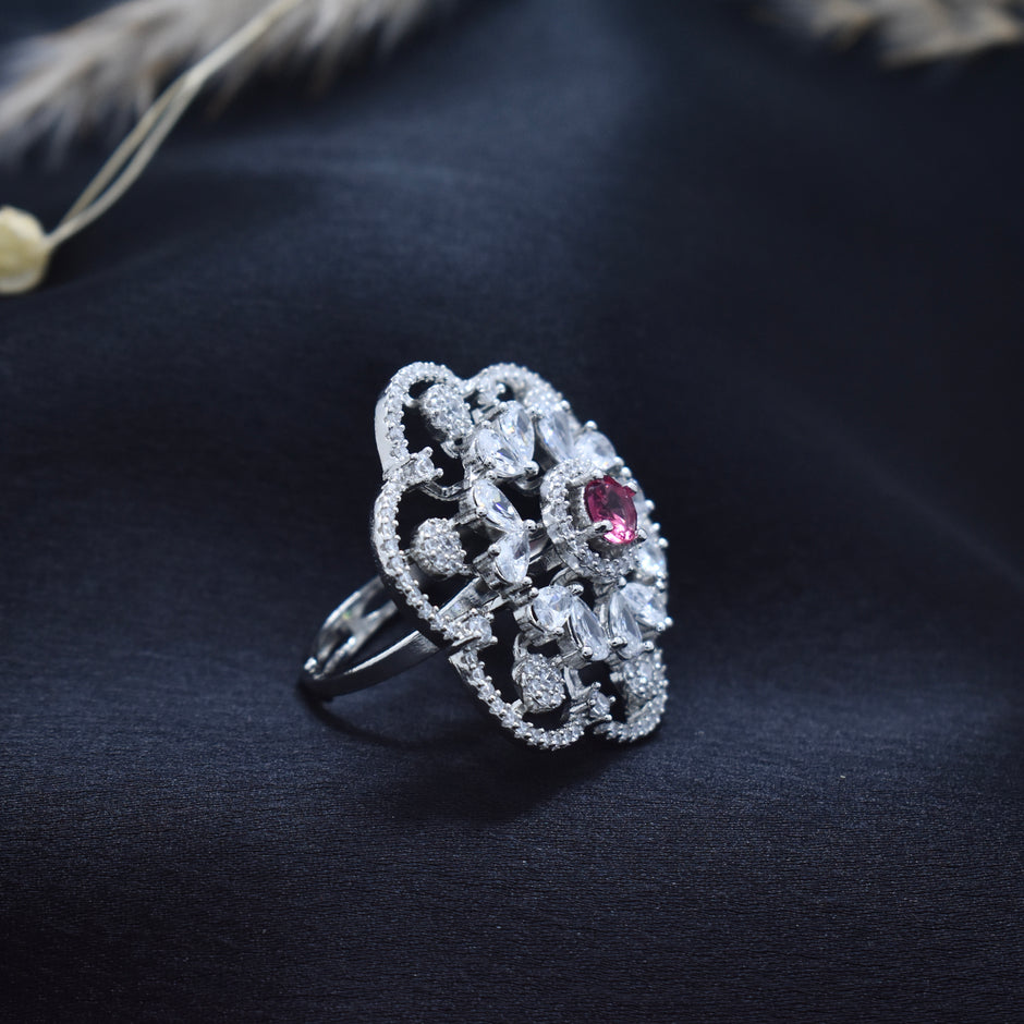 Adjustable Pink Stone Floral Filigree Cocktail Ring