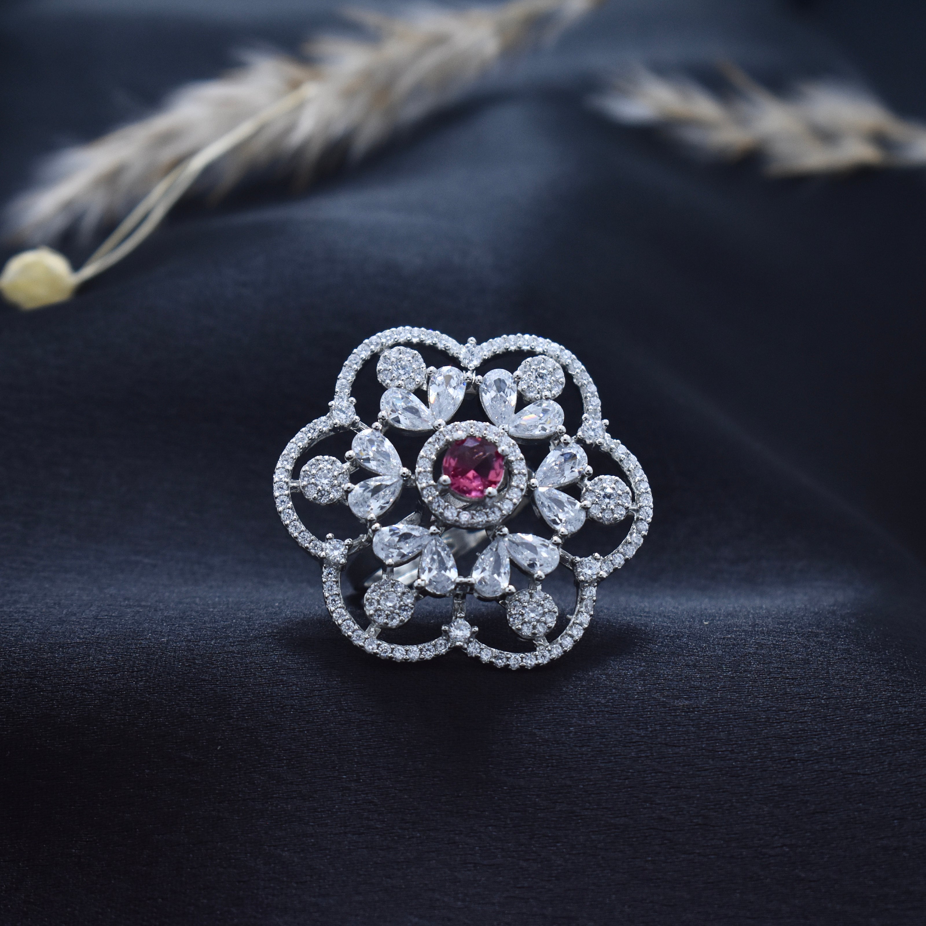 Adjustable Pink Stone Floral Filigree Cocktail Ring