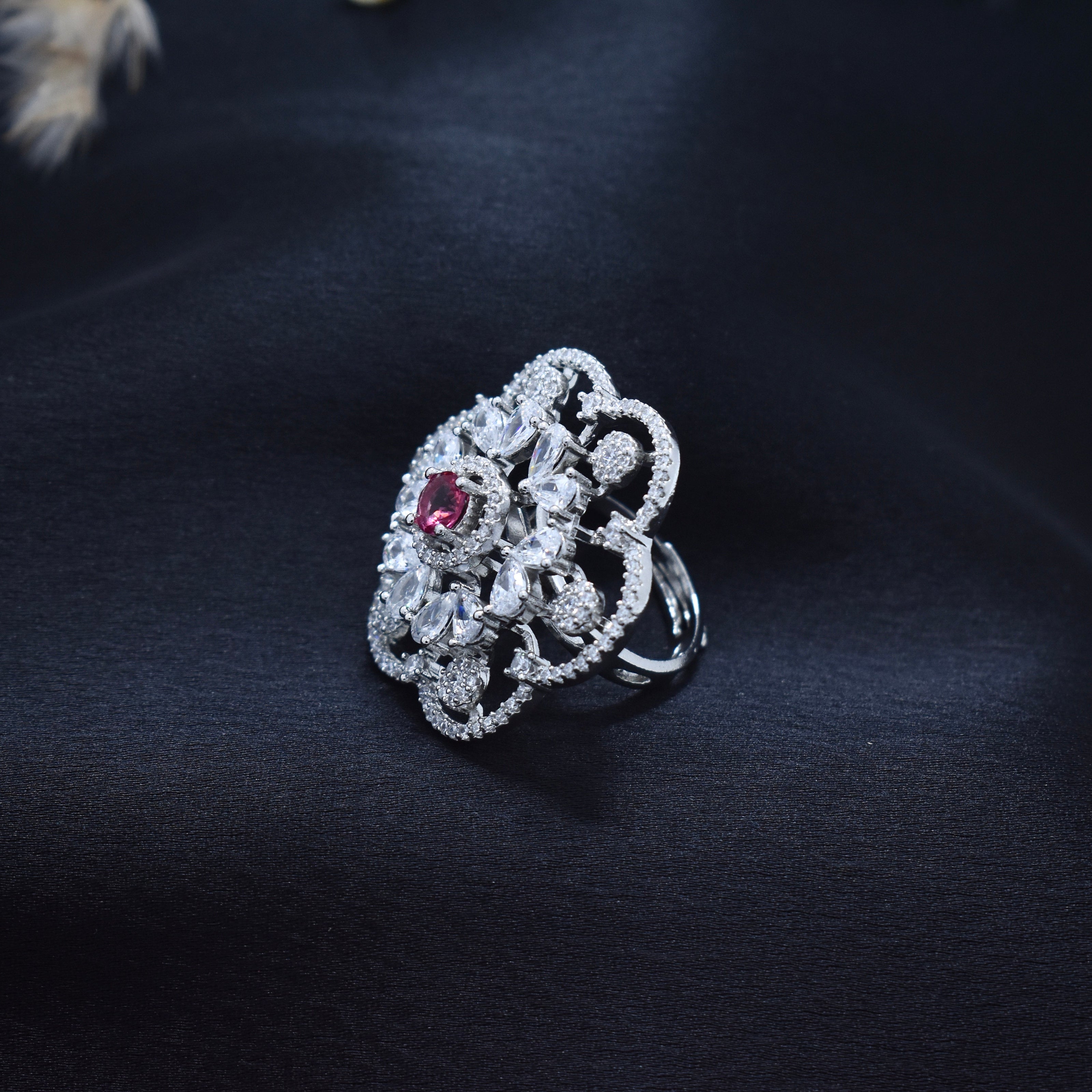 Cherry bloom teardrop Cocktail Silver Ring