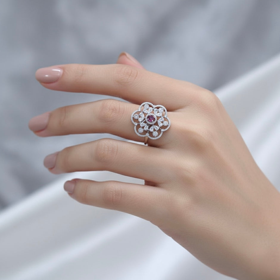 Adjustable Pink Stone Floral Filigree Cocktail Ring