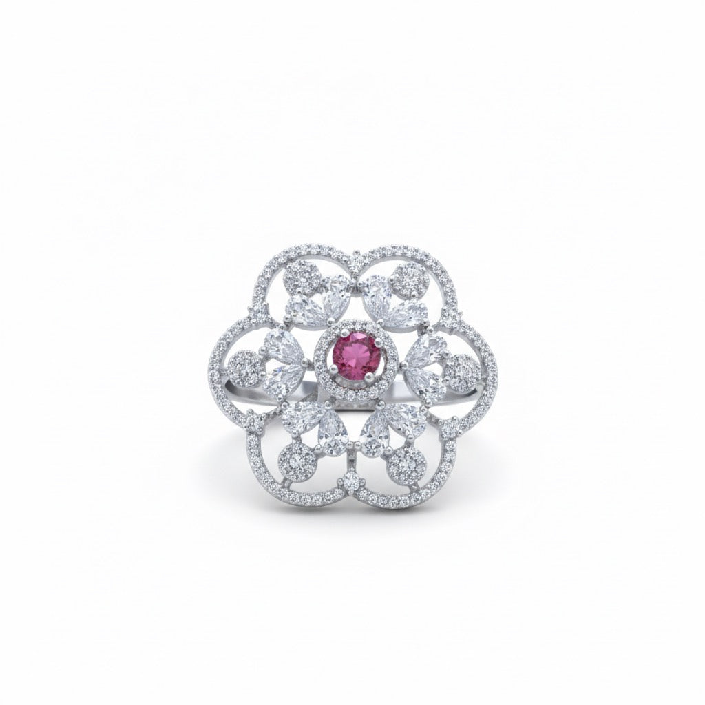 Adjustable Pink Stone Floral Filigree Cocktail Ring