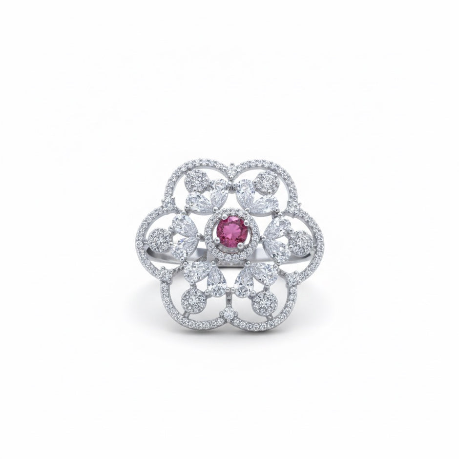 Adjustable Pink Stone Floral Filigree Cocktail Ring
