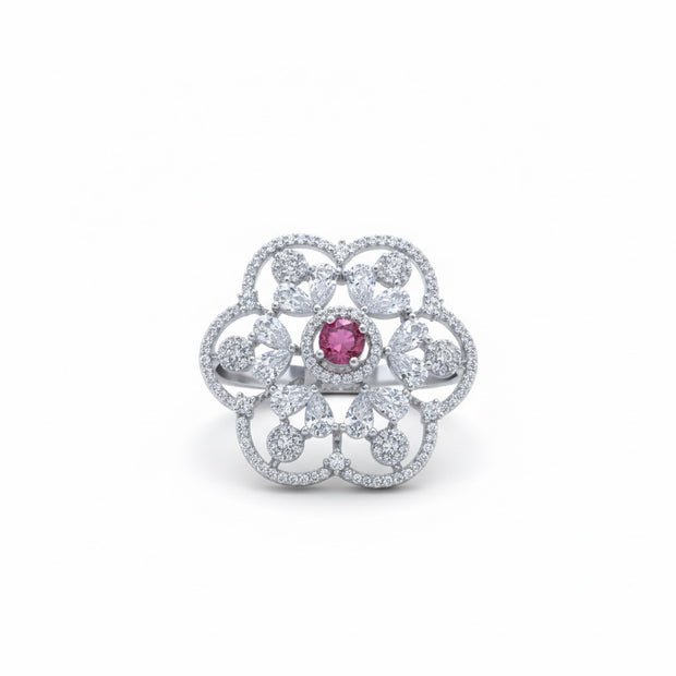 Adjustable Pink Stone Floral Filigree Cocktail Ring