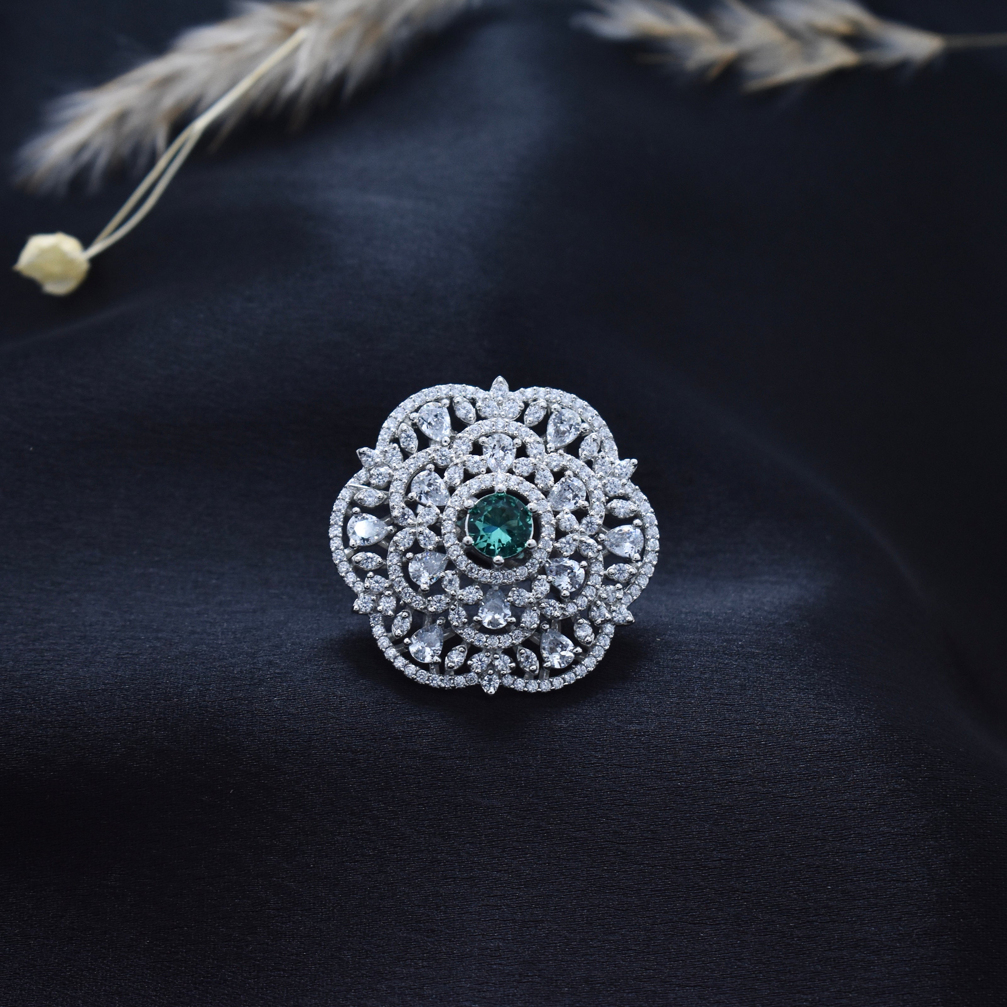 Emerald Halo Cocktail Silver Ring