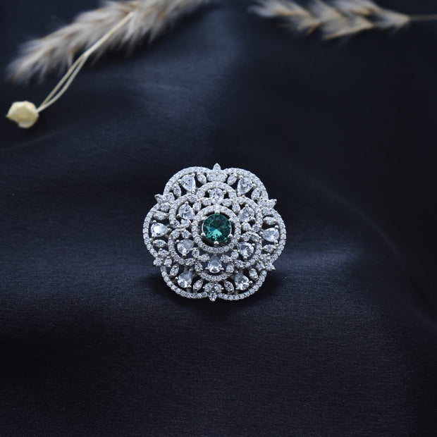 Emerald Halo Cocktail Silver Ring