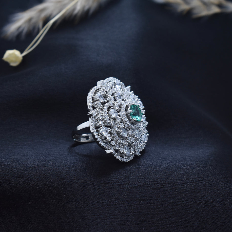 Emerald Halo Cocktail Silver Ring