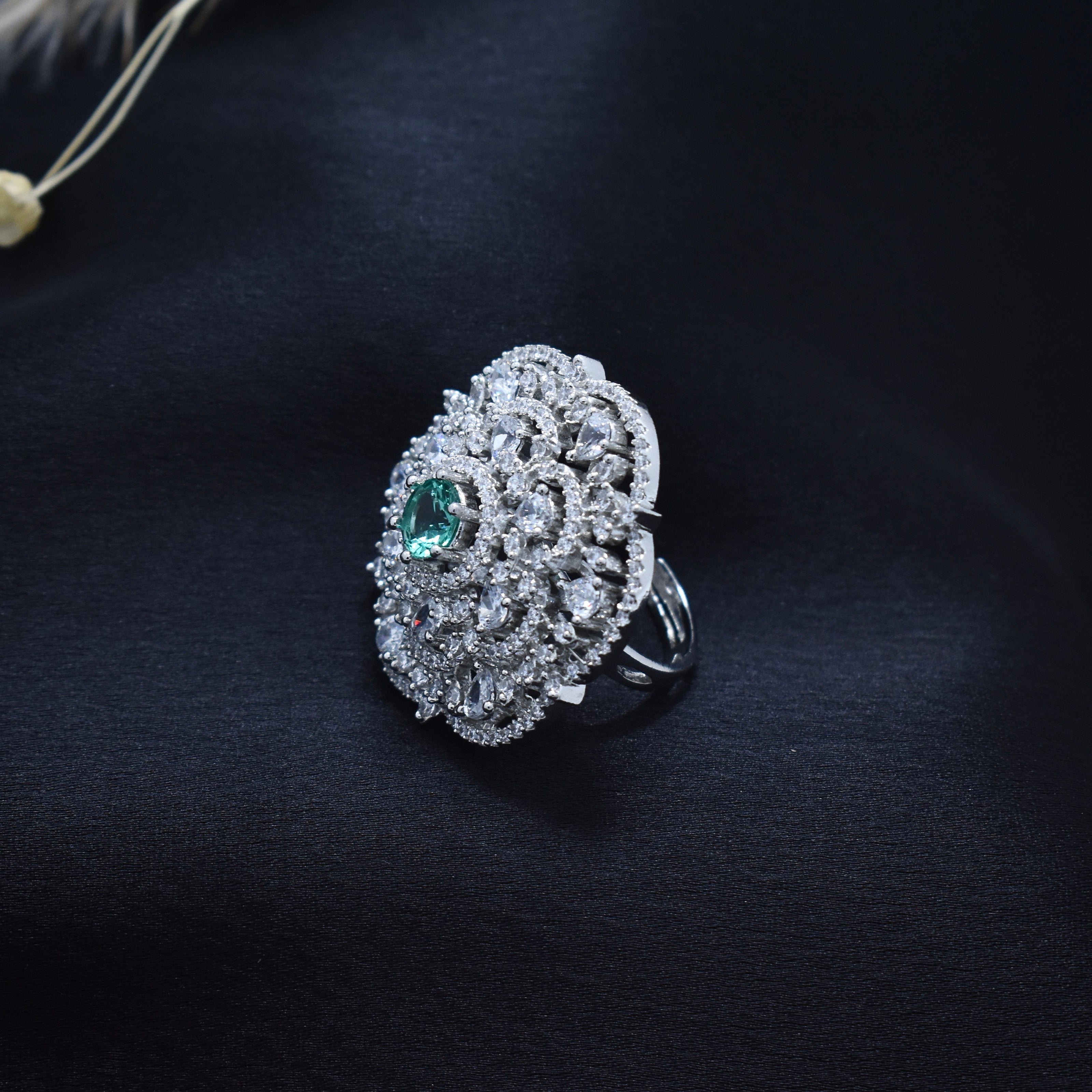 Emerald Halo Cocktail Silver Ring