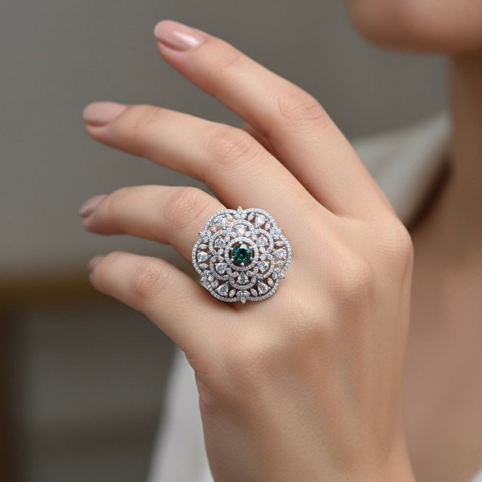 Emerald Halo Cocktail Silver Ring
