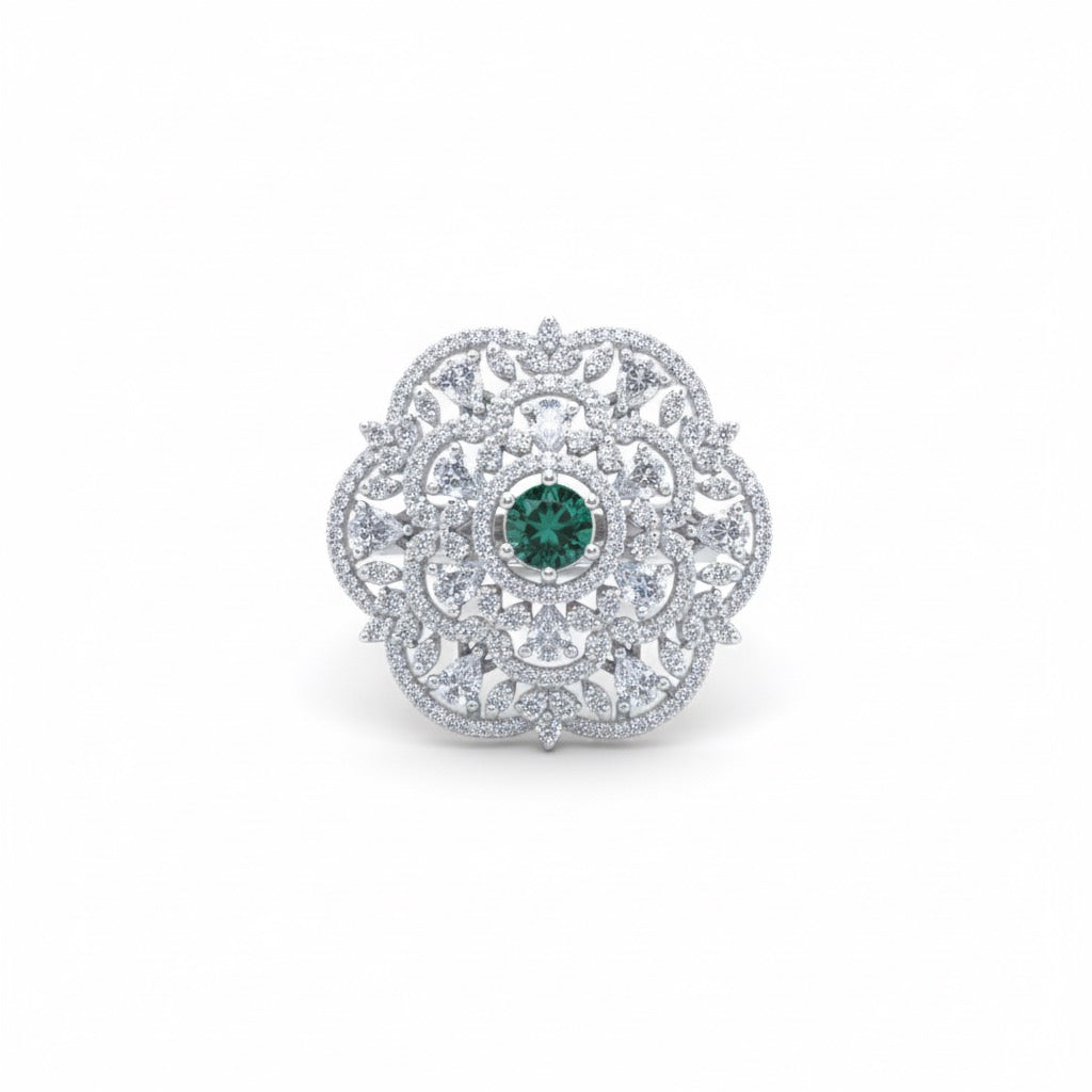 Emerald Halo Cocktail Silver Ring