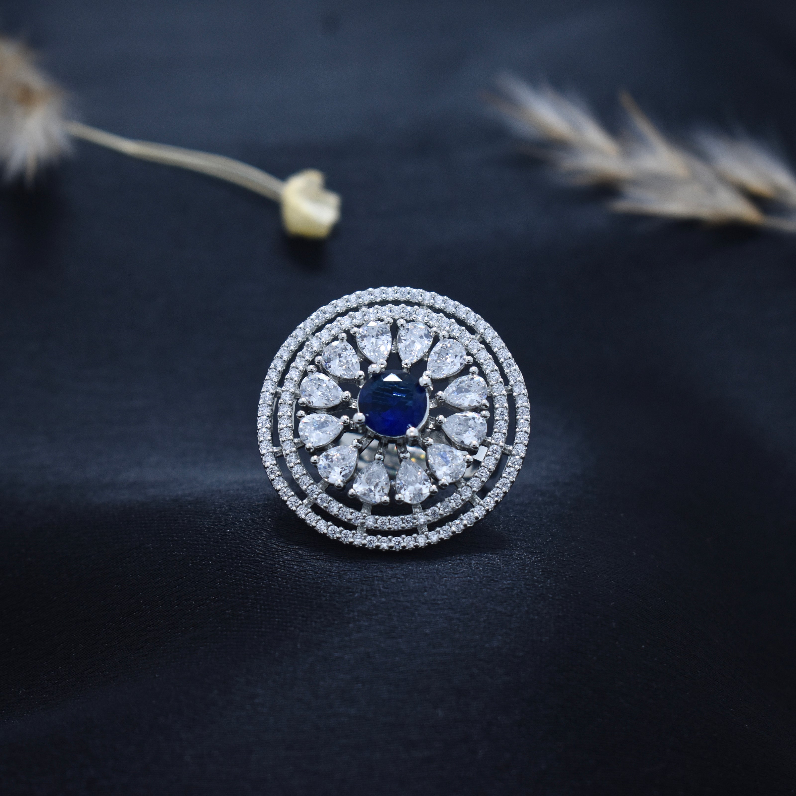 Adjustable Blue Sapphire Stone Round Cocktail Ring