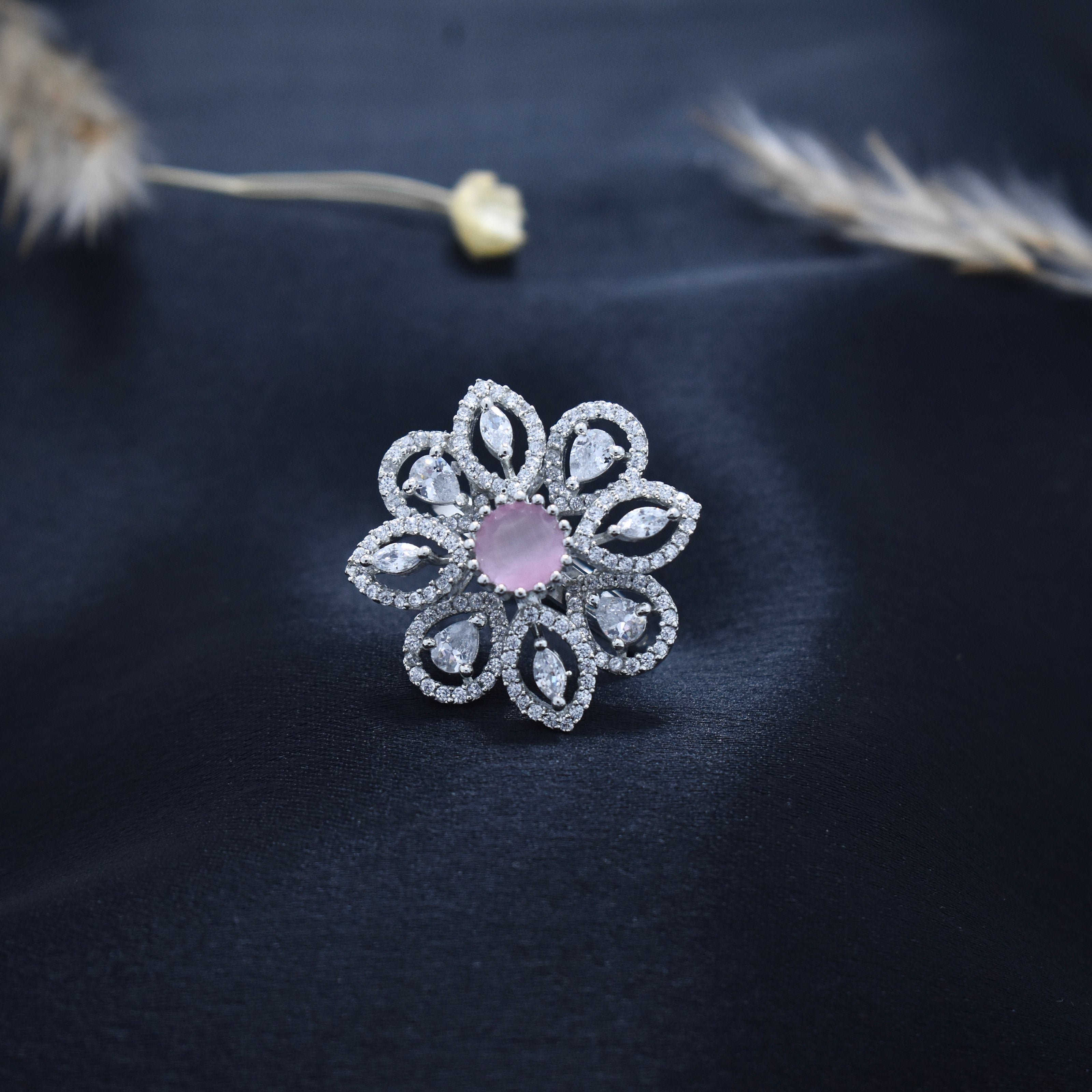 Adjustable Baby Pink Stone Floral Cocktail Ring