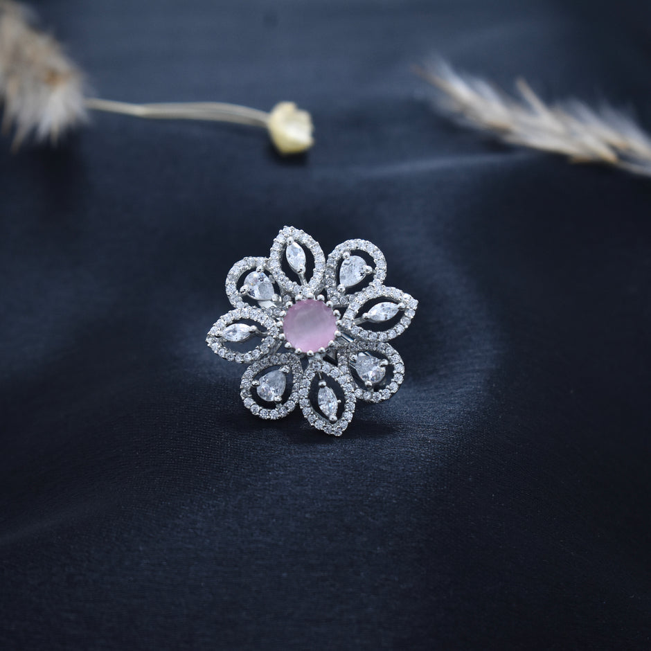 Adjustable Baby Pink Stone Floral Cocktail Ring