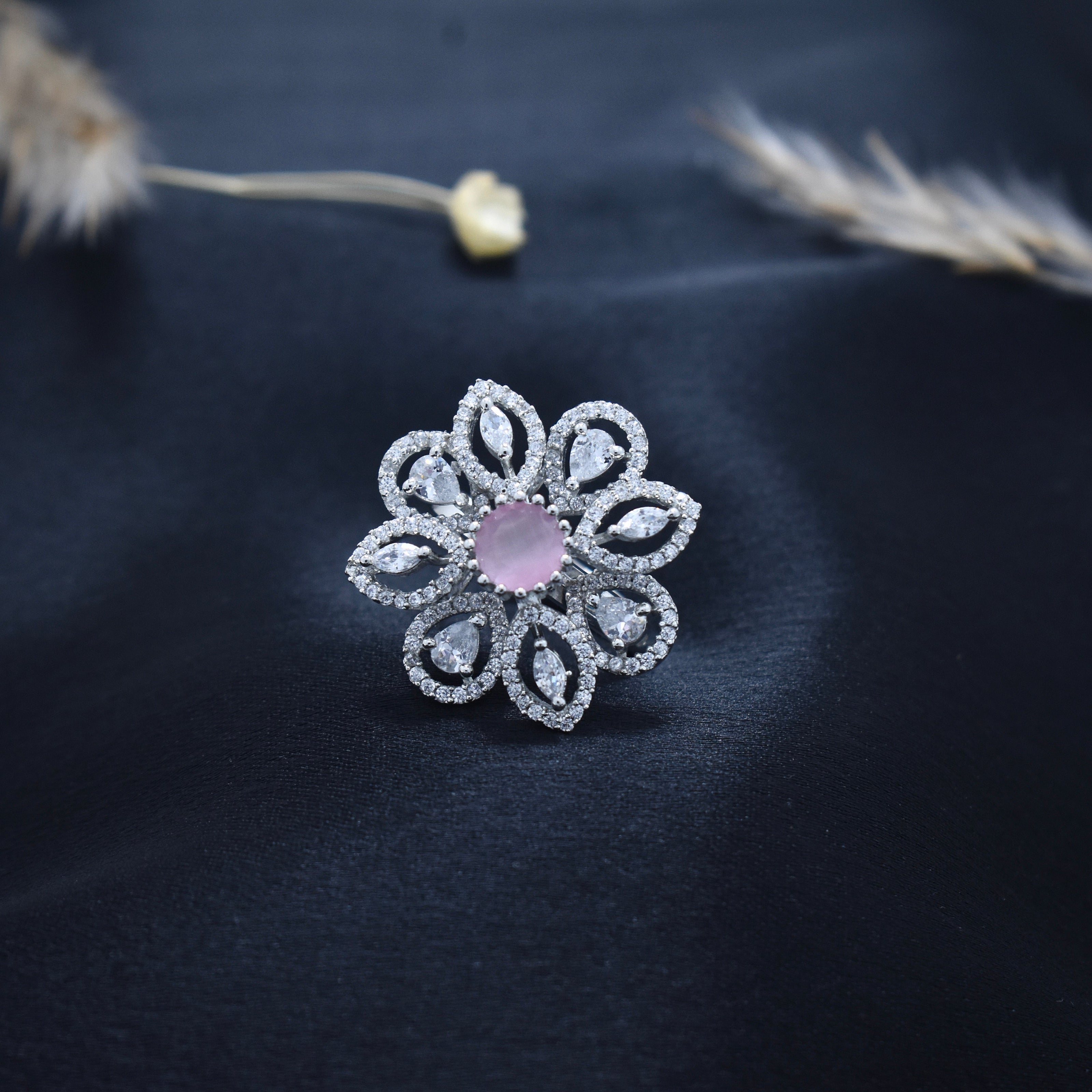 Pink Sparkle Floral Cocktail Silver Ring