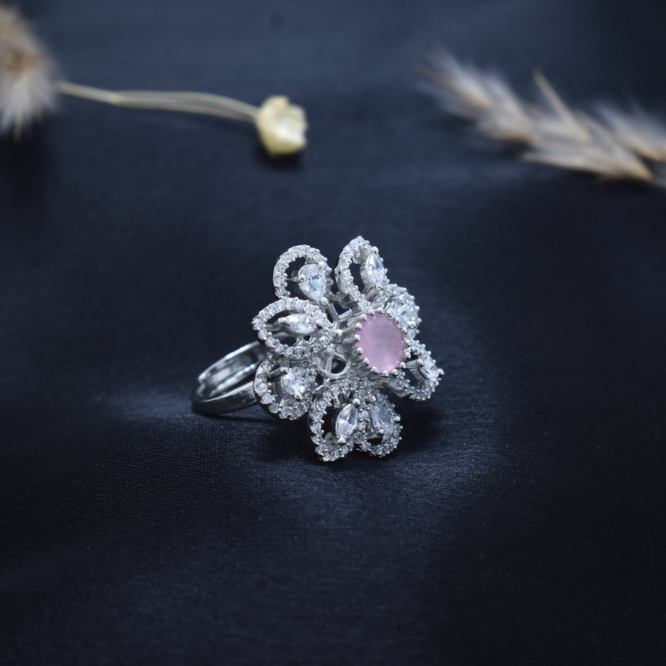 Adjustable Baby Pink Stone Floral Cocktail Ring