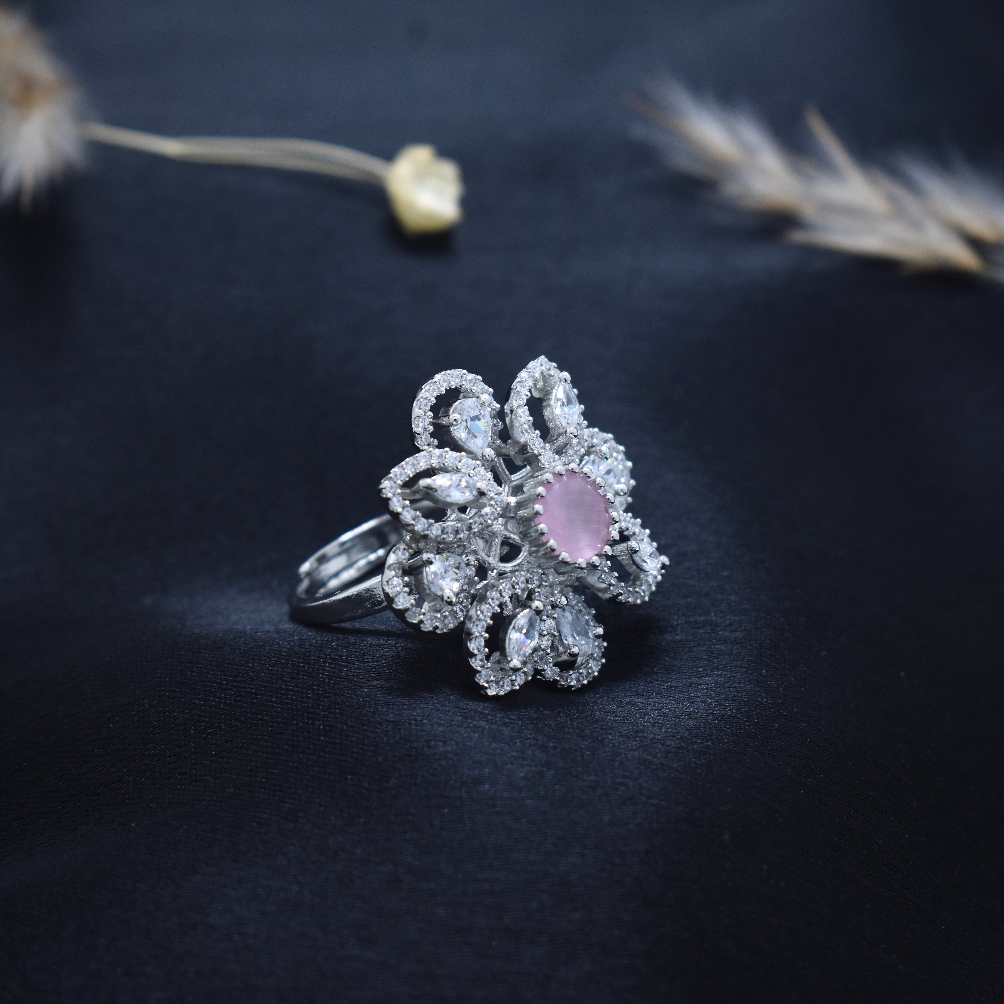Pink Sparkle Floral Cocktail Silver Ring