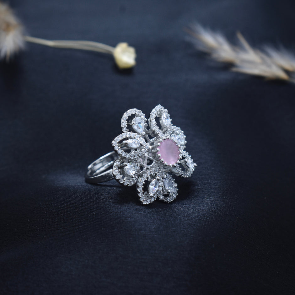 Pink Sparkle Floral Cocktail Silver Ring
